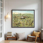 The image is a framed painting depicting a detailed map of a city, with various landmarks and buildings represented in a colorful and intricate manner.