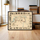A framed map of Chester, England, with various landmarks and locations depicted on it.