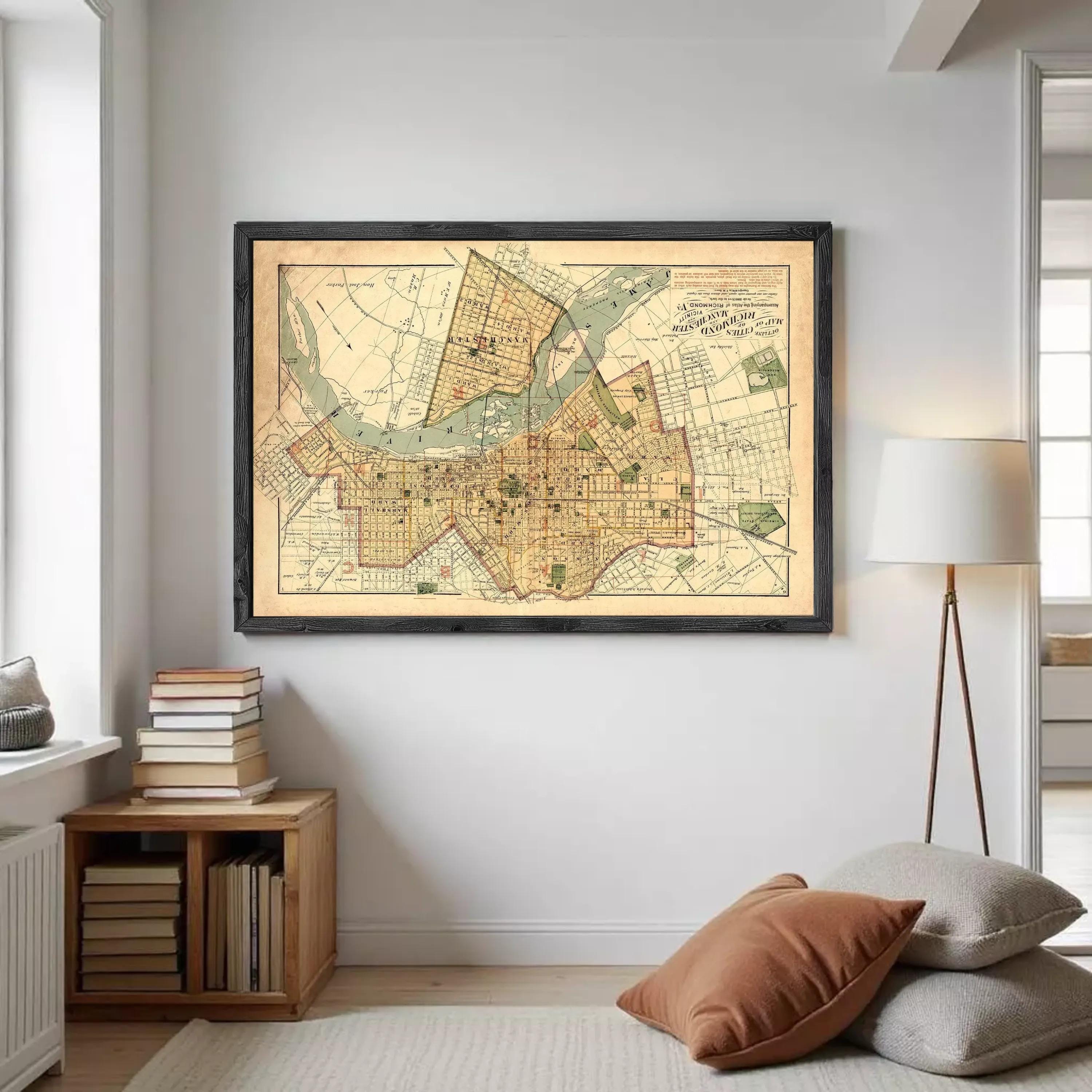 The image is a framed vintage map of a city, depicting streets, landmarks, and other geographical features.
