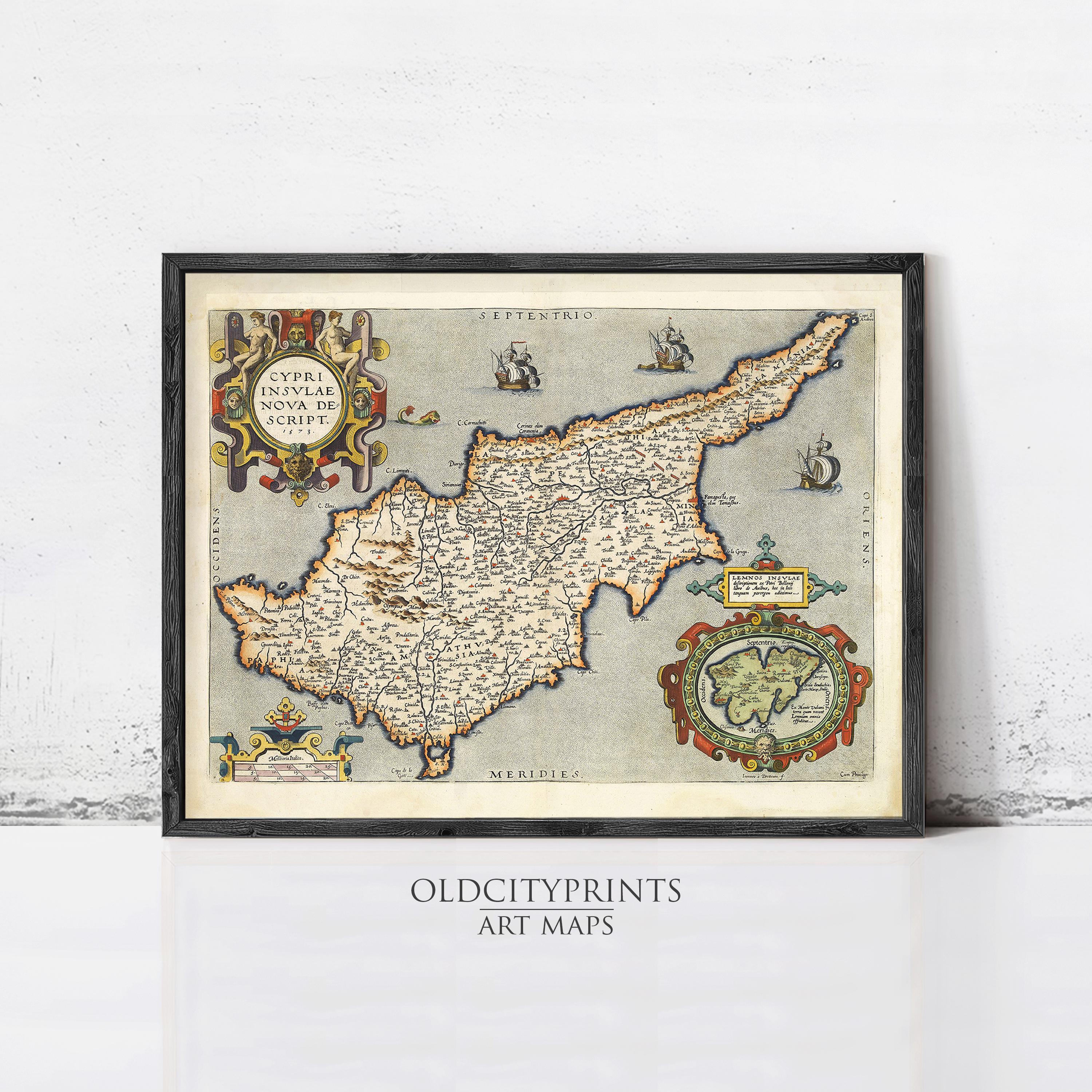 The image is a framed vintage map of the island of Cyprus, depicting the country's geographical layout and surrounding areas.
