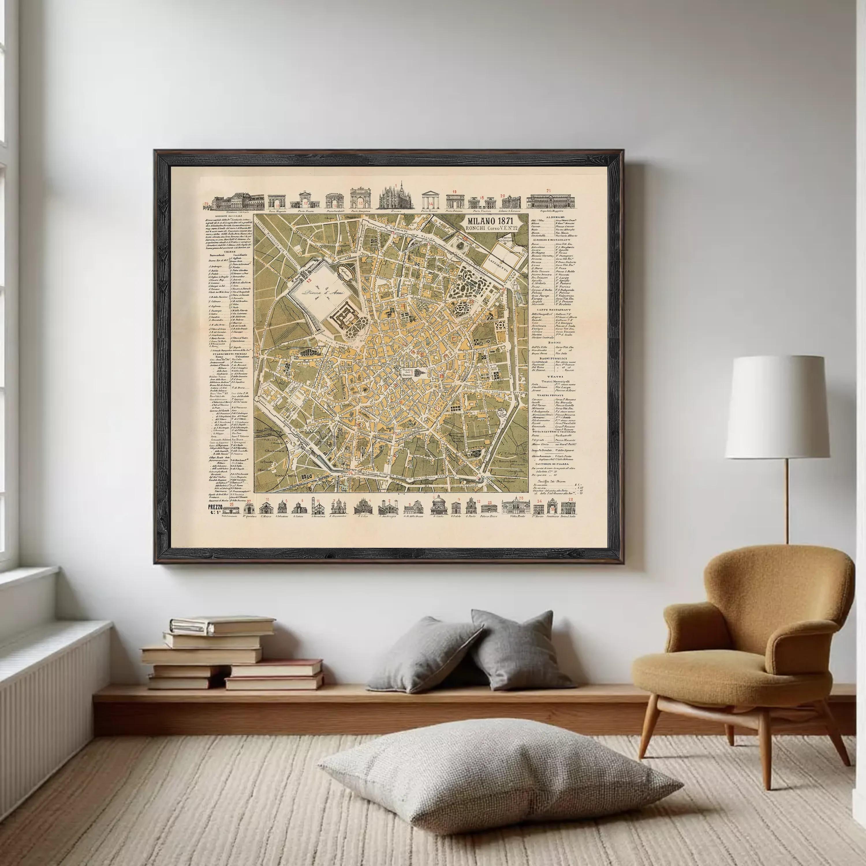 The image is a framed vintage map of Milan, Italy, depicting the city's layout and landmarks.