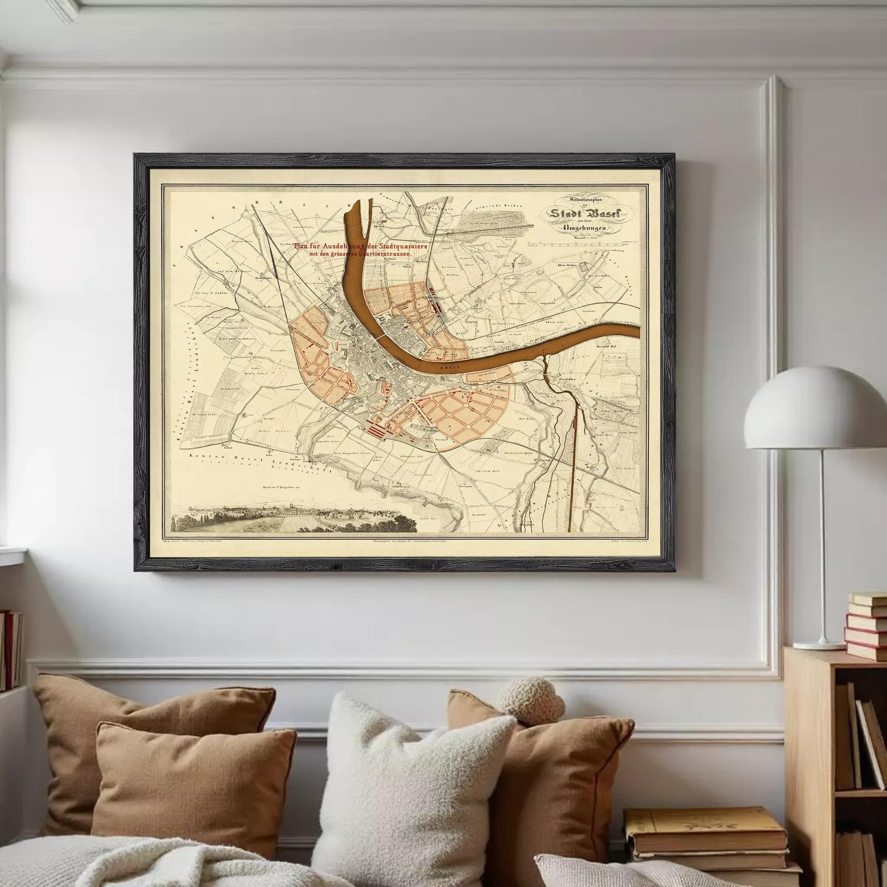 The image is a framed historical map of a city, depicting a detailed layout of the streets, buildings, and other landmarks.
