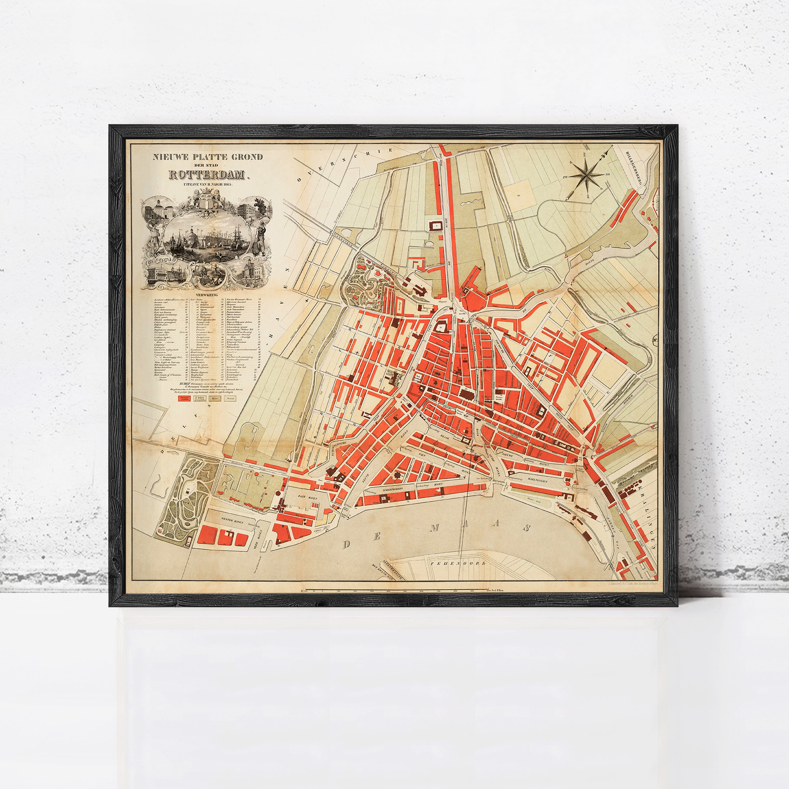 The image is a framed vintage map of the city of Rotterdam, Netherlands, depicting the city's layout and surrounding areas.