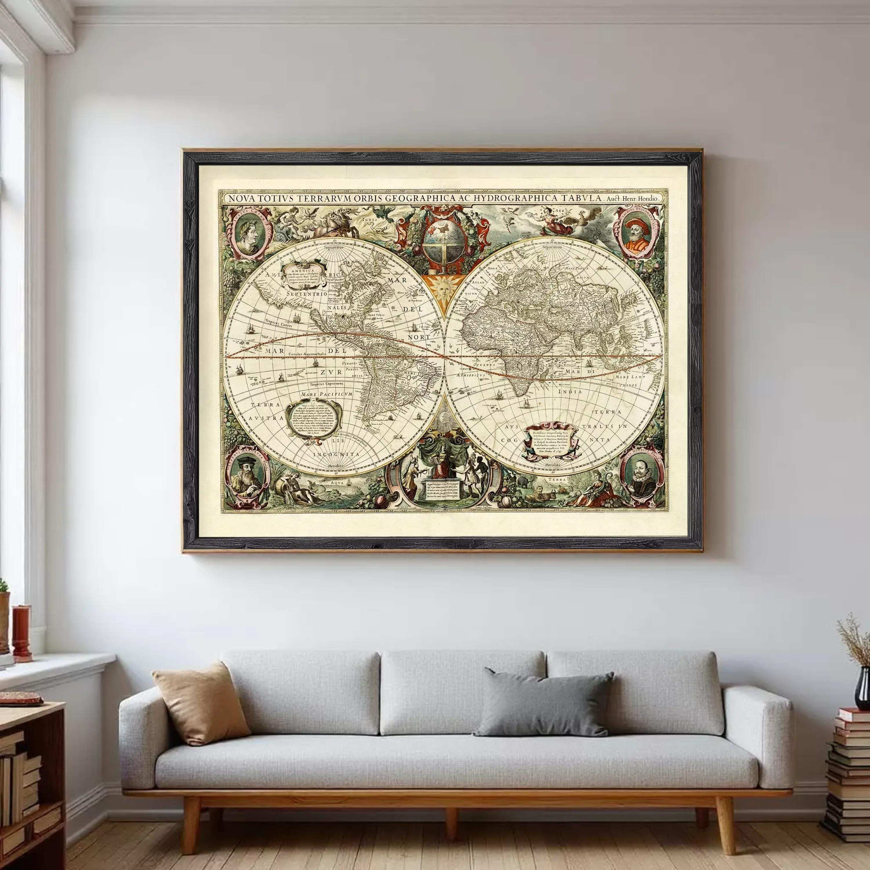 The image is a framed vintage map of the world, depicting the continents and oceans in a detailed and intricate manner.