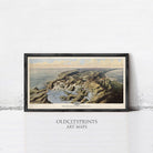 The image is a framed art print depicting a coastal landscape with mountains, water, and clouds in the background.