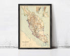 A framed map of Malaysia pinned to a wall.