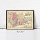 The image is a framed vintage map of Hoboken, Jersey City, New Jersey, depicting the city's layout and surrounding areas.
