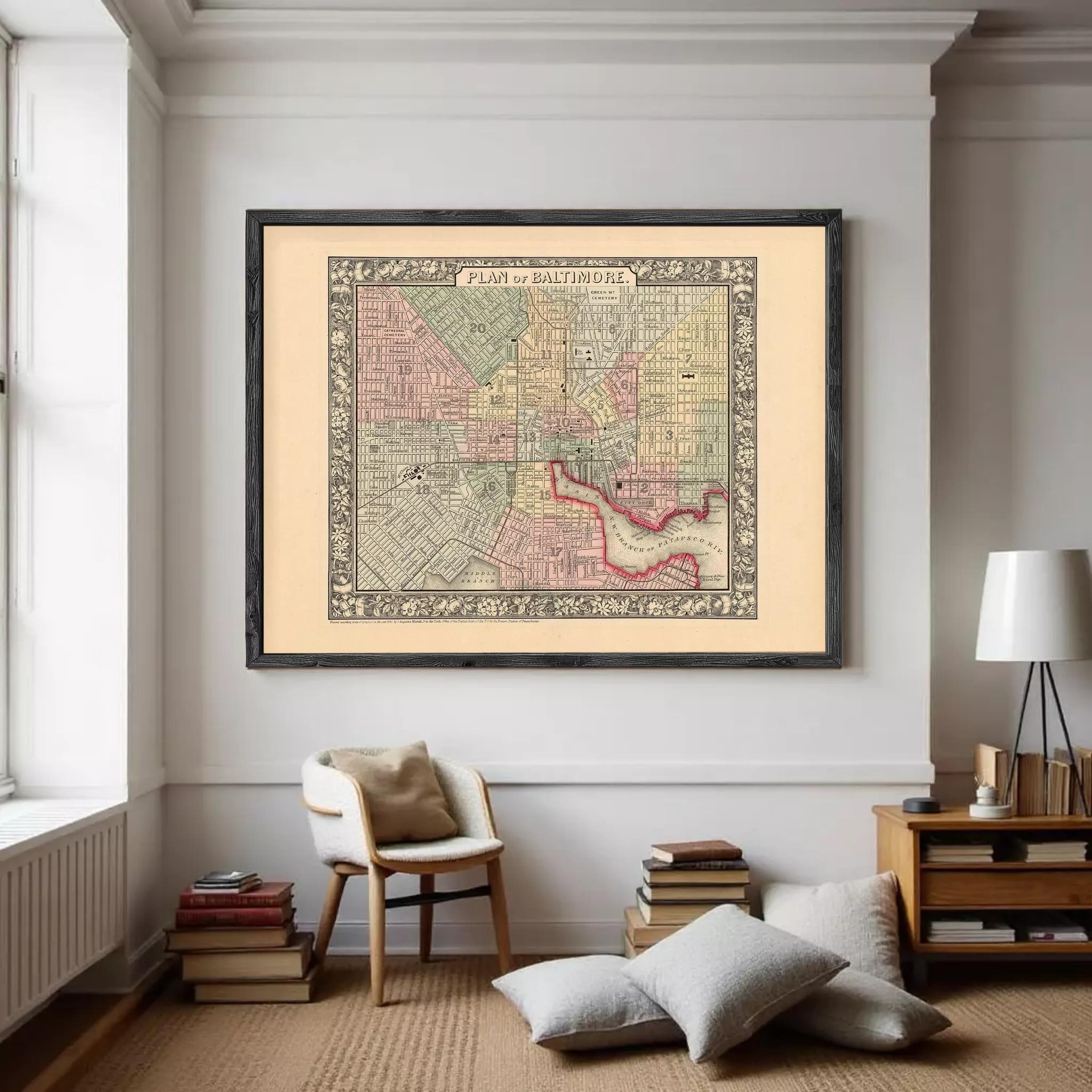 The image is a framed vintage map of Baltimore, Maryland, depicting the city's streets and neighborhoods.