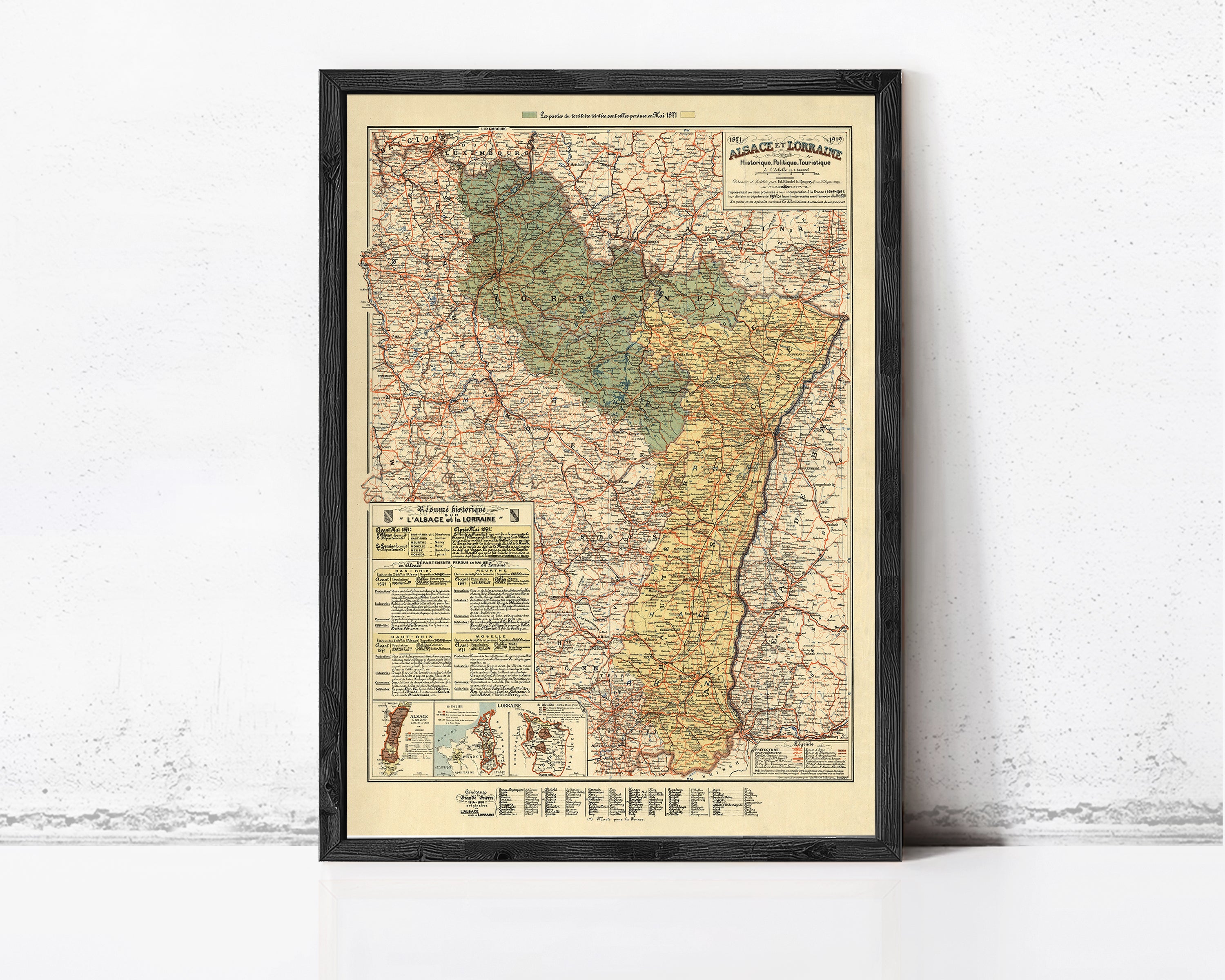 The image is a framed vintage map of a region, likely a country or region, with detailed road networks and various geographical features.