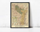 The image is a framed vintage map of a region, likely a country or region, with detailed road networks and various geographical features.