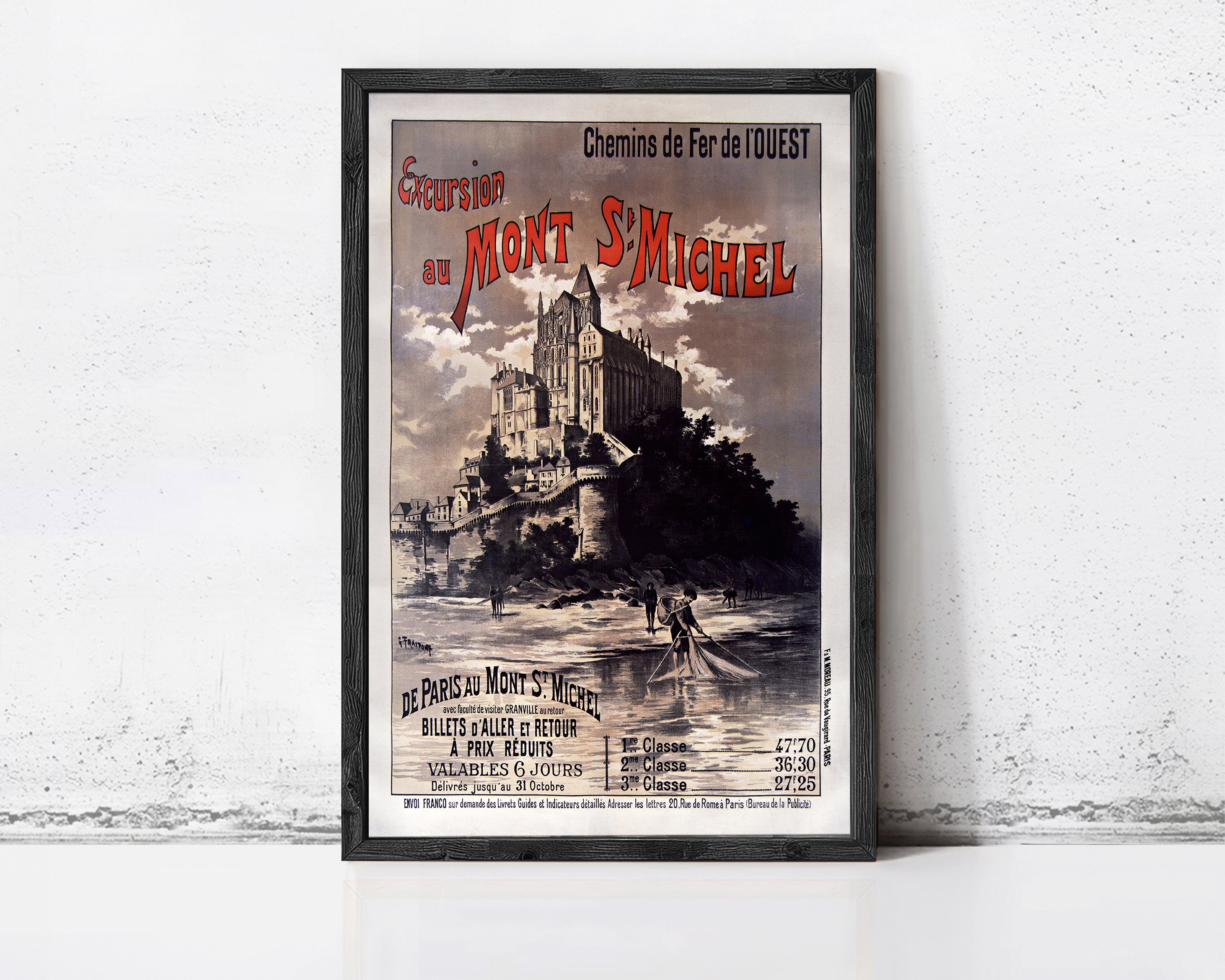 The image is a framed vintage poster advertising a cruise to Mont St Michel, featuring a castle and a boat on the water.
