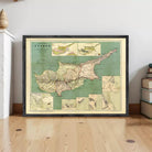 The image is a framed vintage map of Cyprus, depicting the country's geographical layout and surrounding areas.