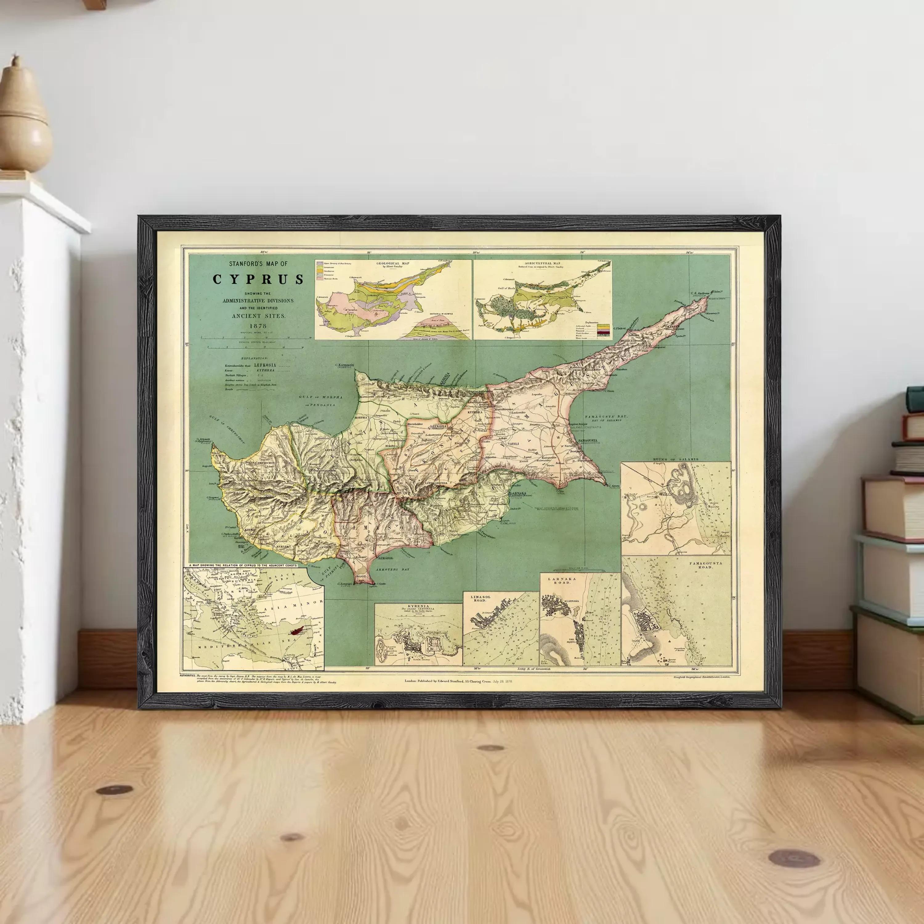 The image is a framed vintage map of Cyprus, depicting the country's geographical layout and surrounding areas.