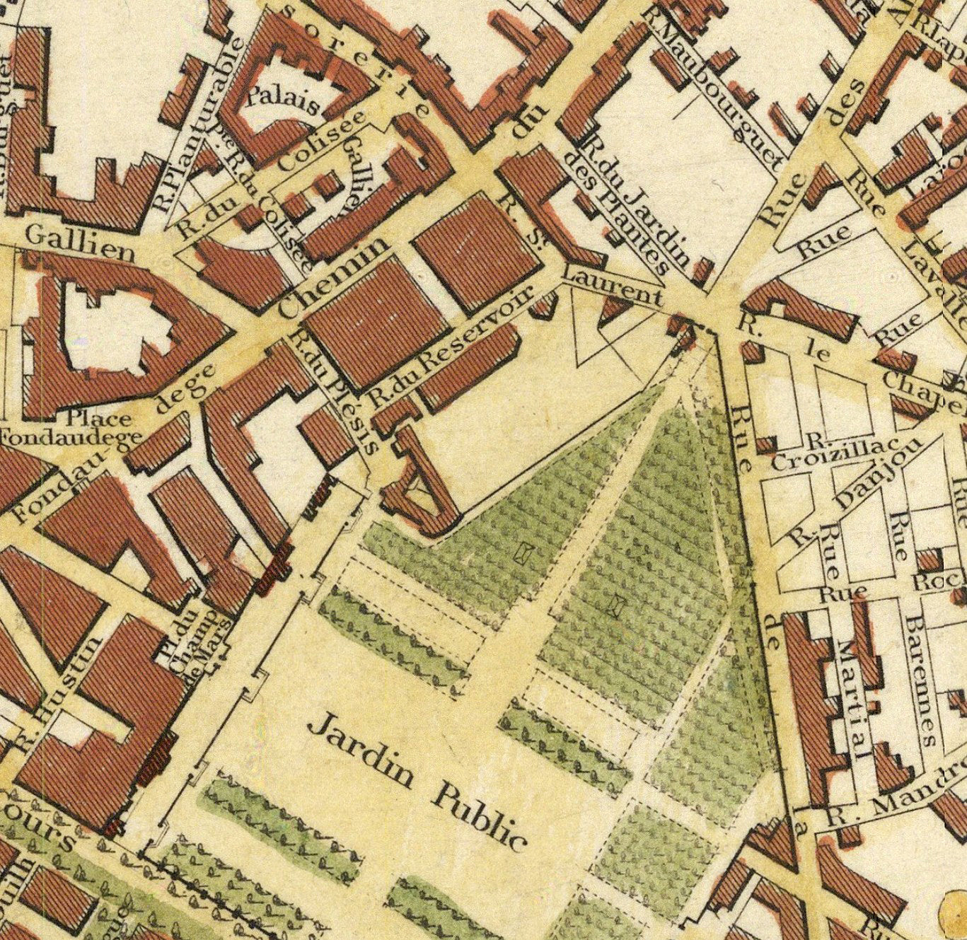 The image is a detailed map of a city, showing streets, buildings, and a large green park area.