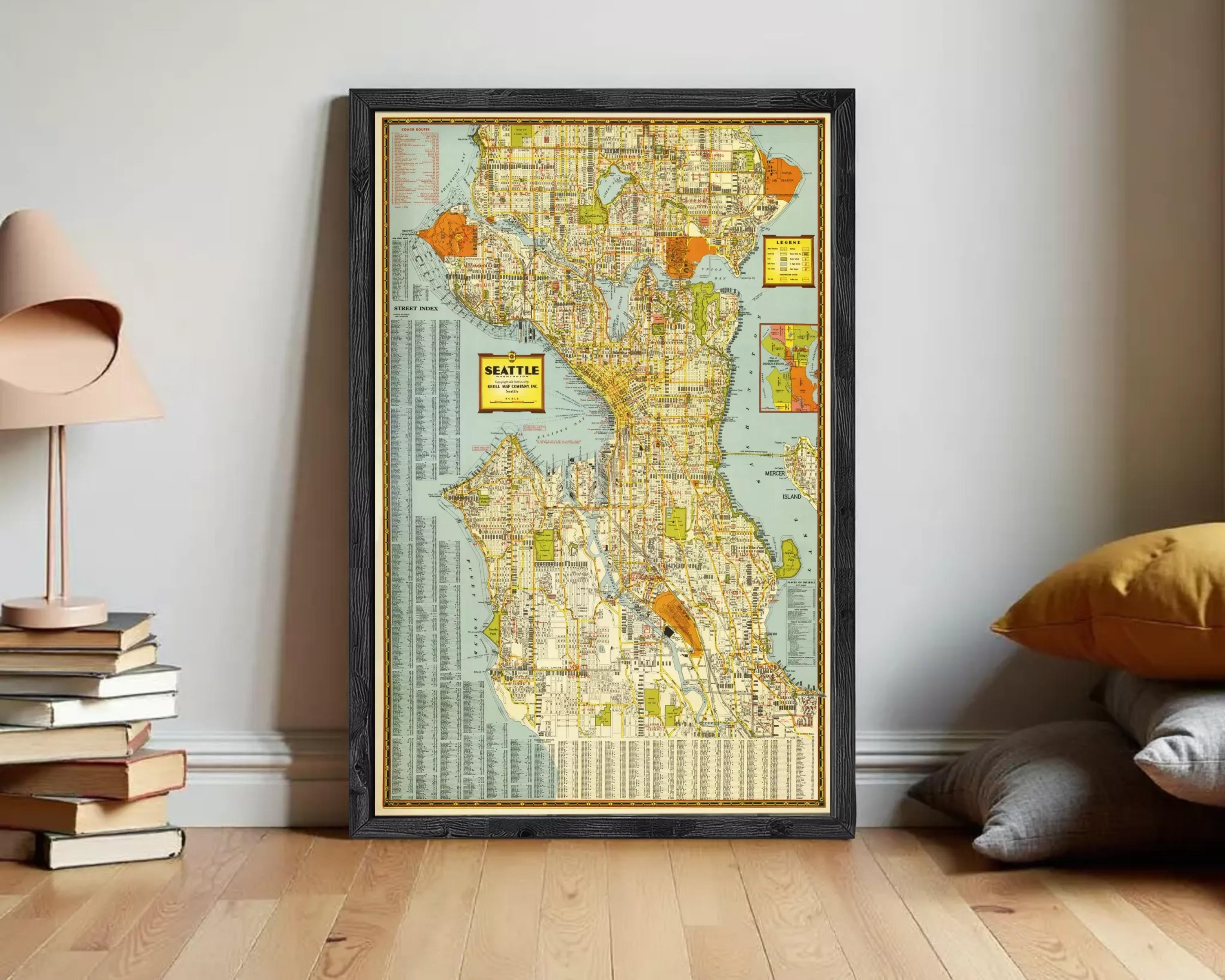 The image is a framed vintage map of Seattle, Washington, United States.