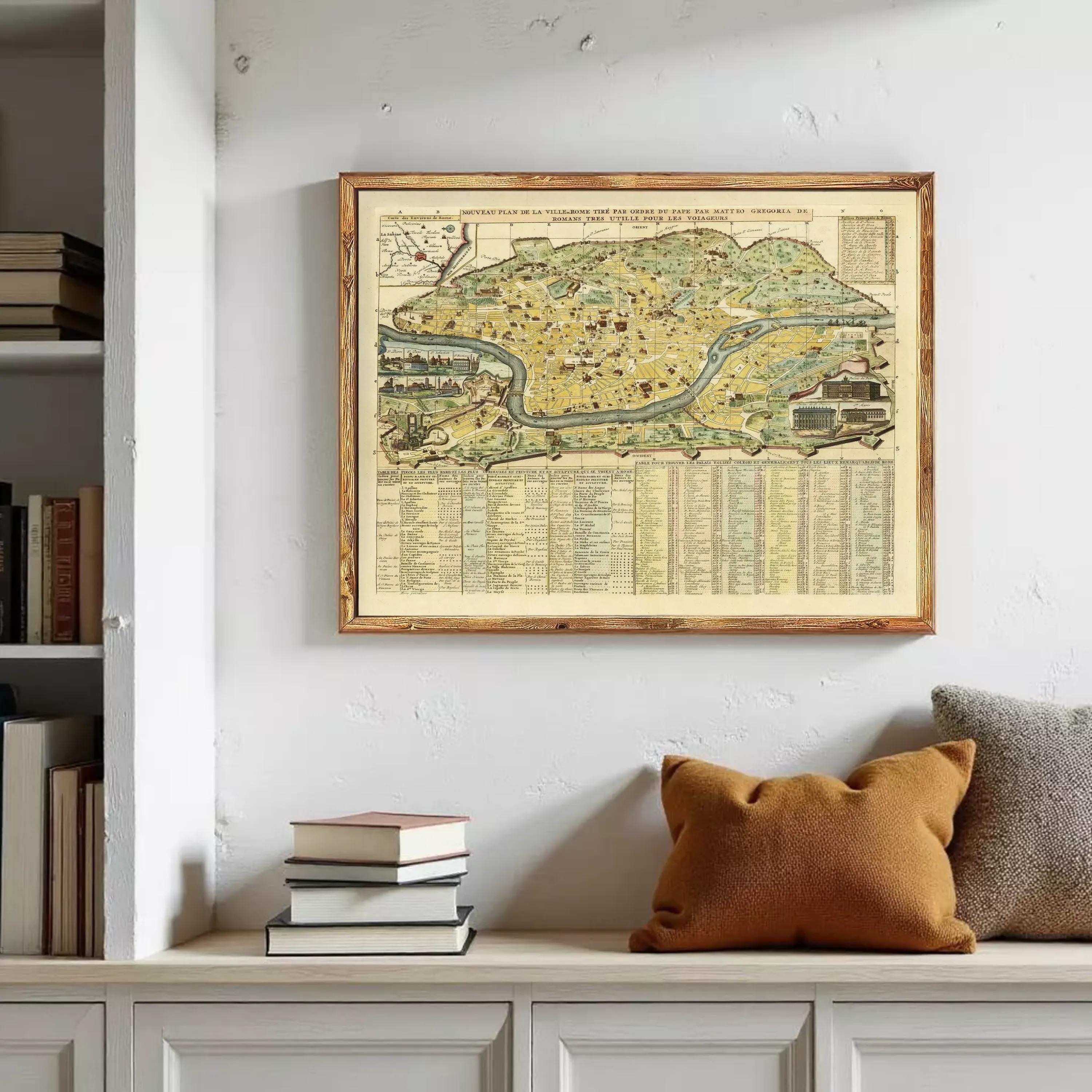The image is a framed vintage map of a city, depicting various landmarks and streets.