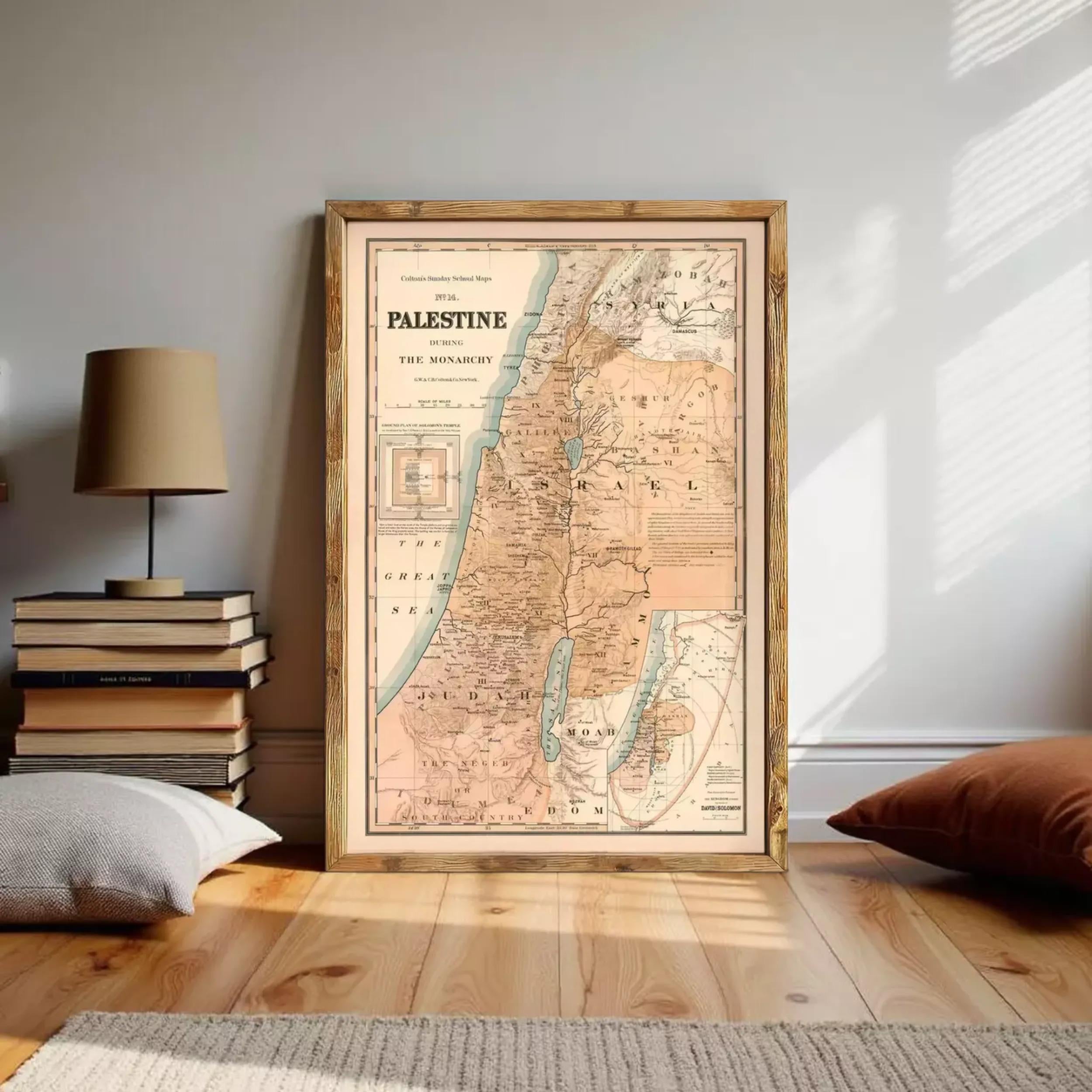 The image is a framed vintage map of the Middle East, specifically focusing on the region of Palestine.