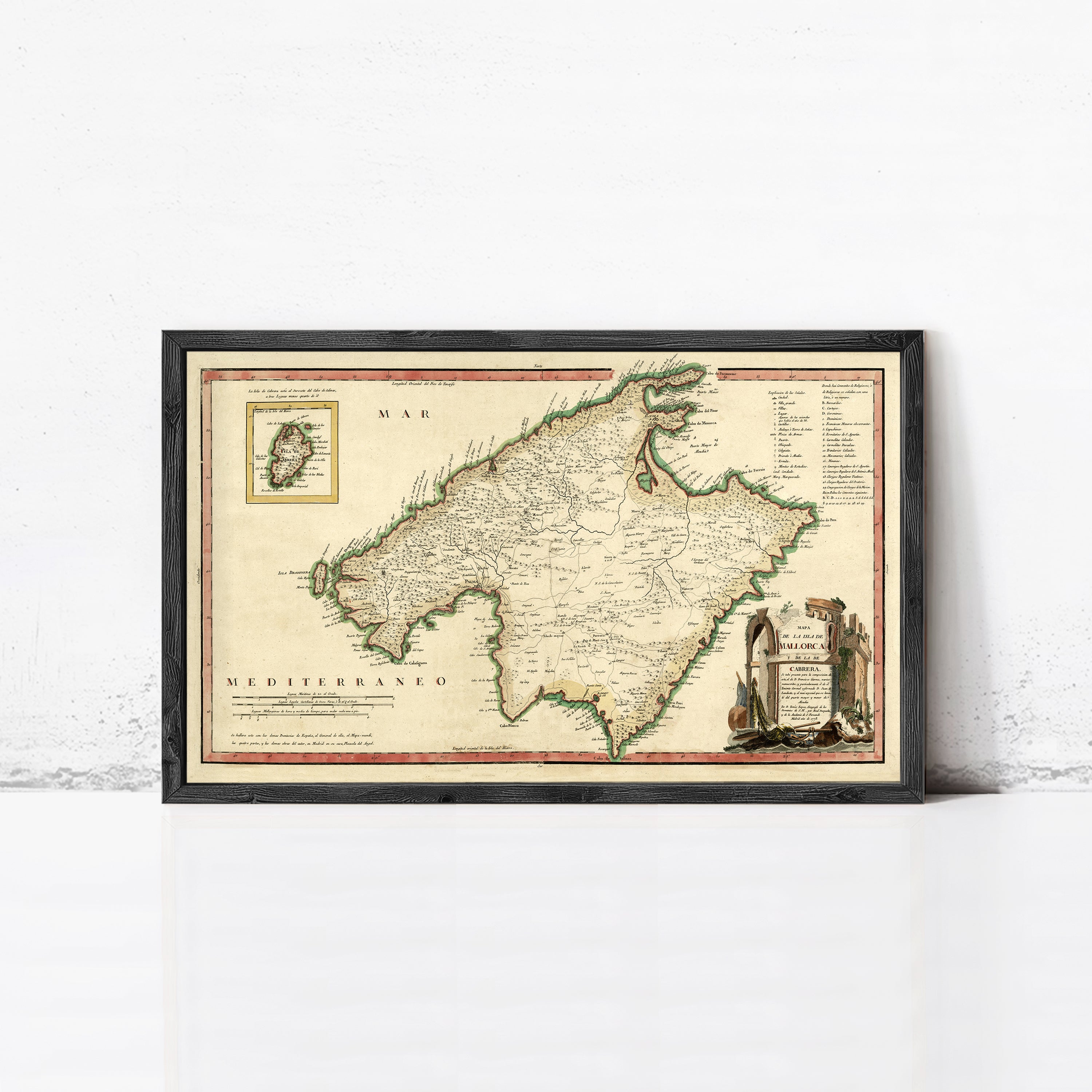 The image is a framed antique map of the Mediterranean region, depicting the area in a vintage style.