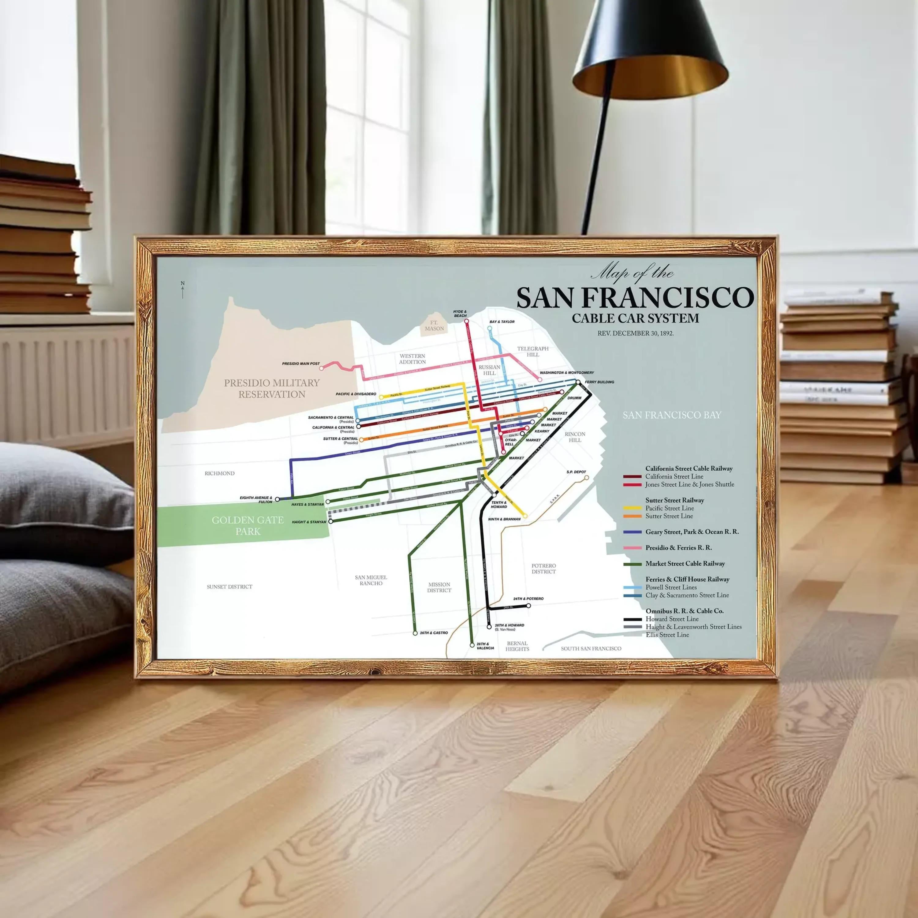 The image is a framed map of the San Francisco Cable Car System, showing the various cable car routes and stations in the city.