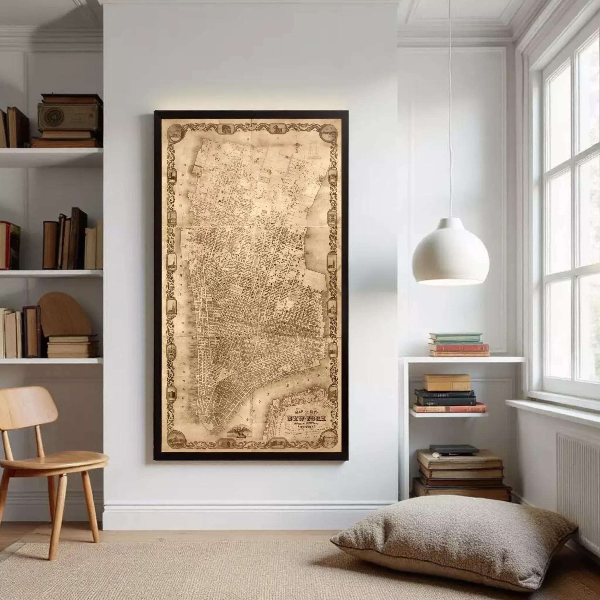 The image is a framed map of New York City, depicting the city's streets and landmarks.
