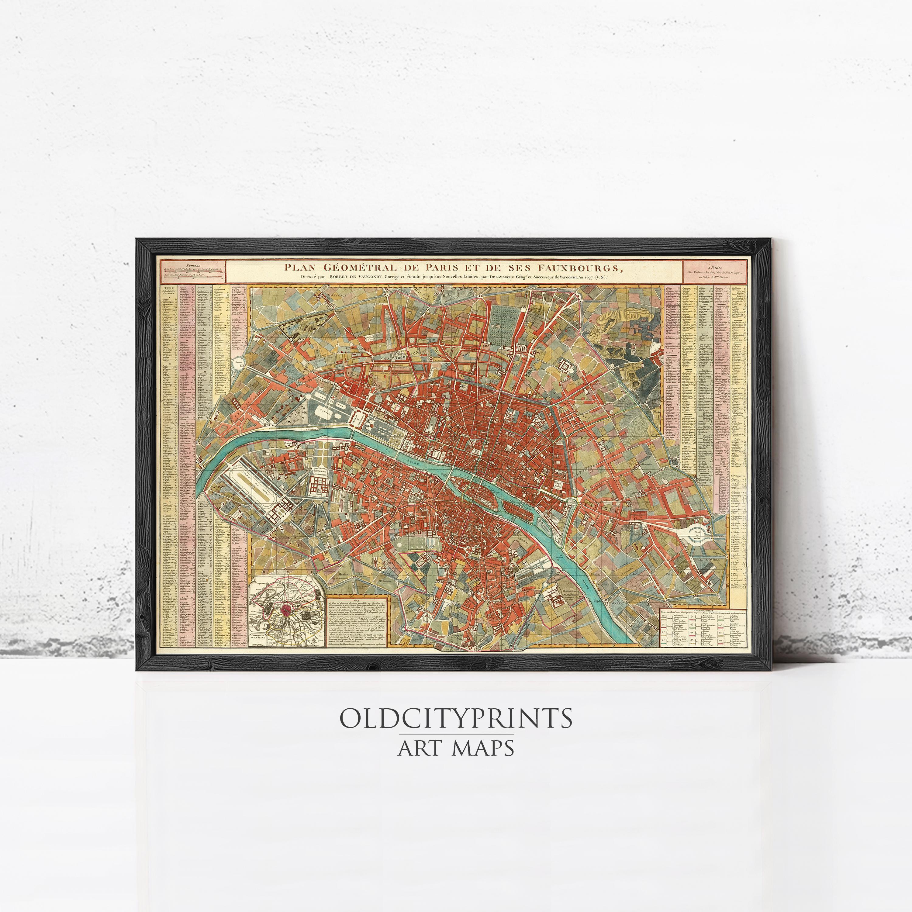 The image is a framed vintage map of Paris, France, depicting the city's streets and landmarks.