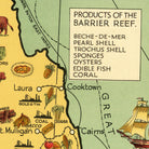 The image is a vintage map of the Barrier Reef, featuring various products and landmarks such as the BECHE-DE-MER pearl shell, trochus shell, sponges, oysters, and edible fish coral.