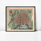 The image is a framed vintage map of Amsterdam, Netherlands, depicting the city's layout and surrounding areas.
