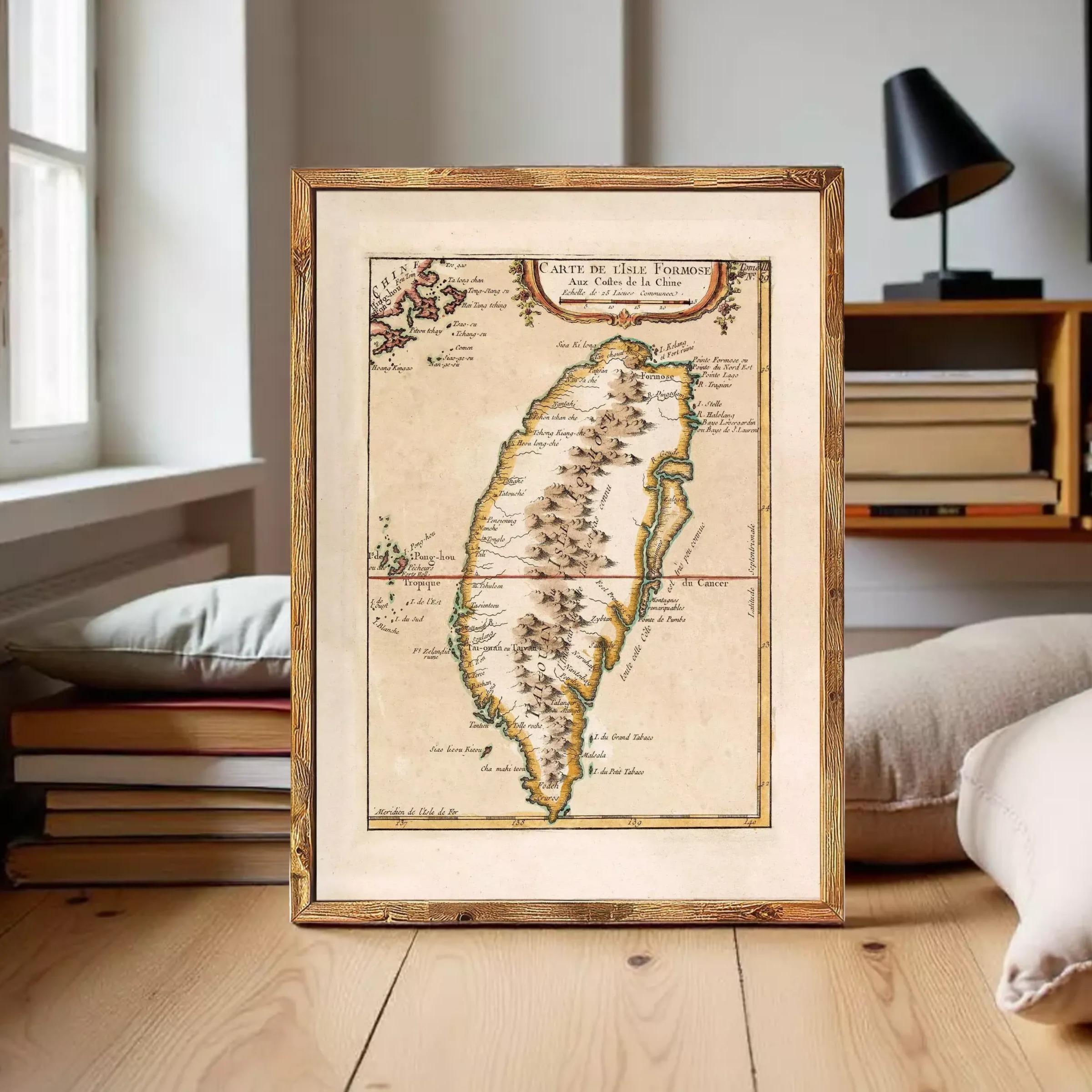 The image is a framed antique map of Taiwan, depicting the island's geographical features and boundaries.