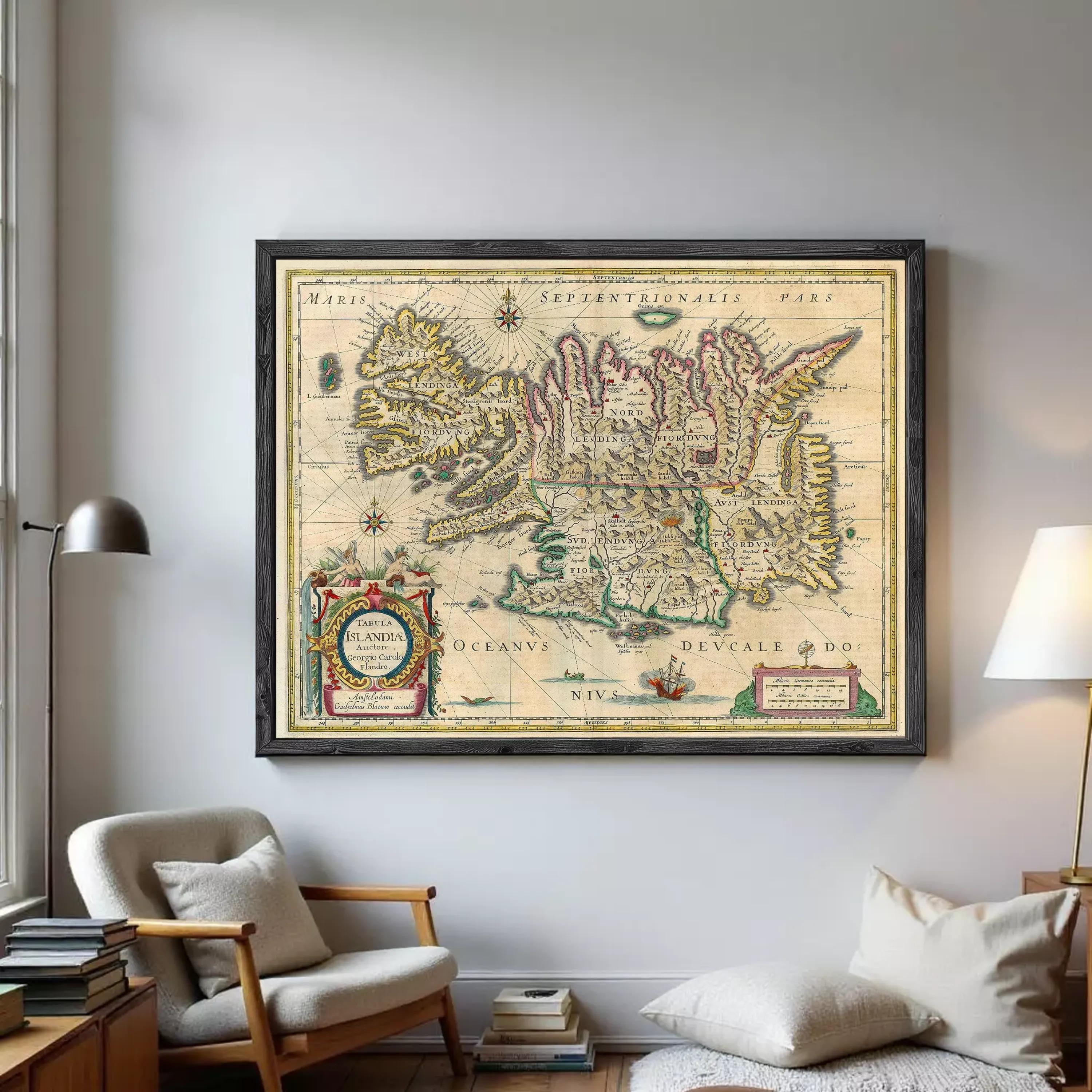 The image is a framed vintage map of Iceland, featuring detailed geographical information and labeled with various locations and landmarks.