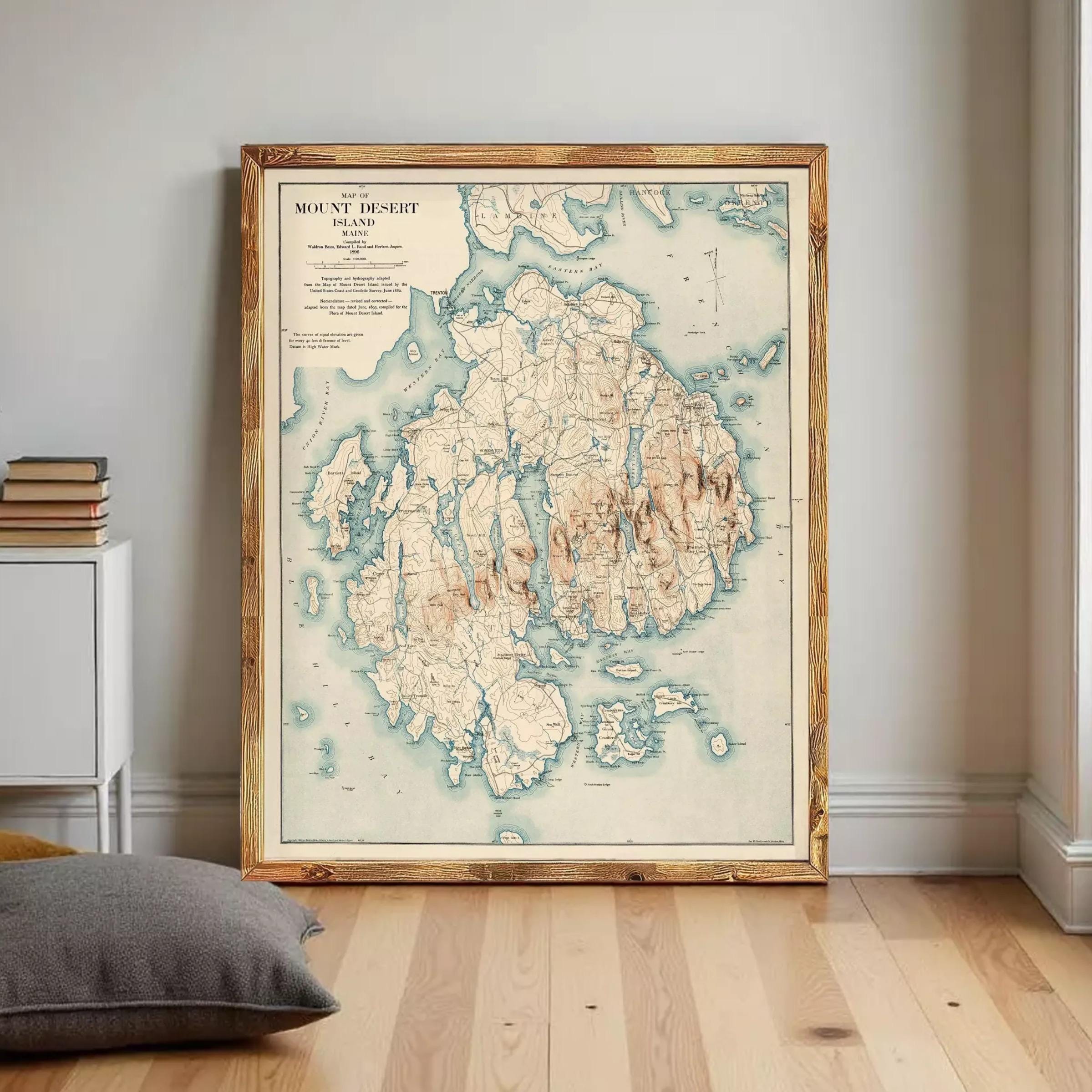 The image is a framed vintage map of Mount Desert Island, Maine, depicting the island's geographical features and surrounding areas.