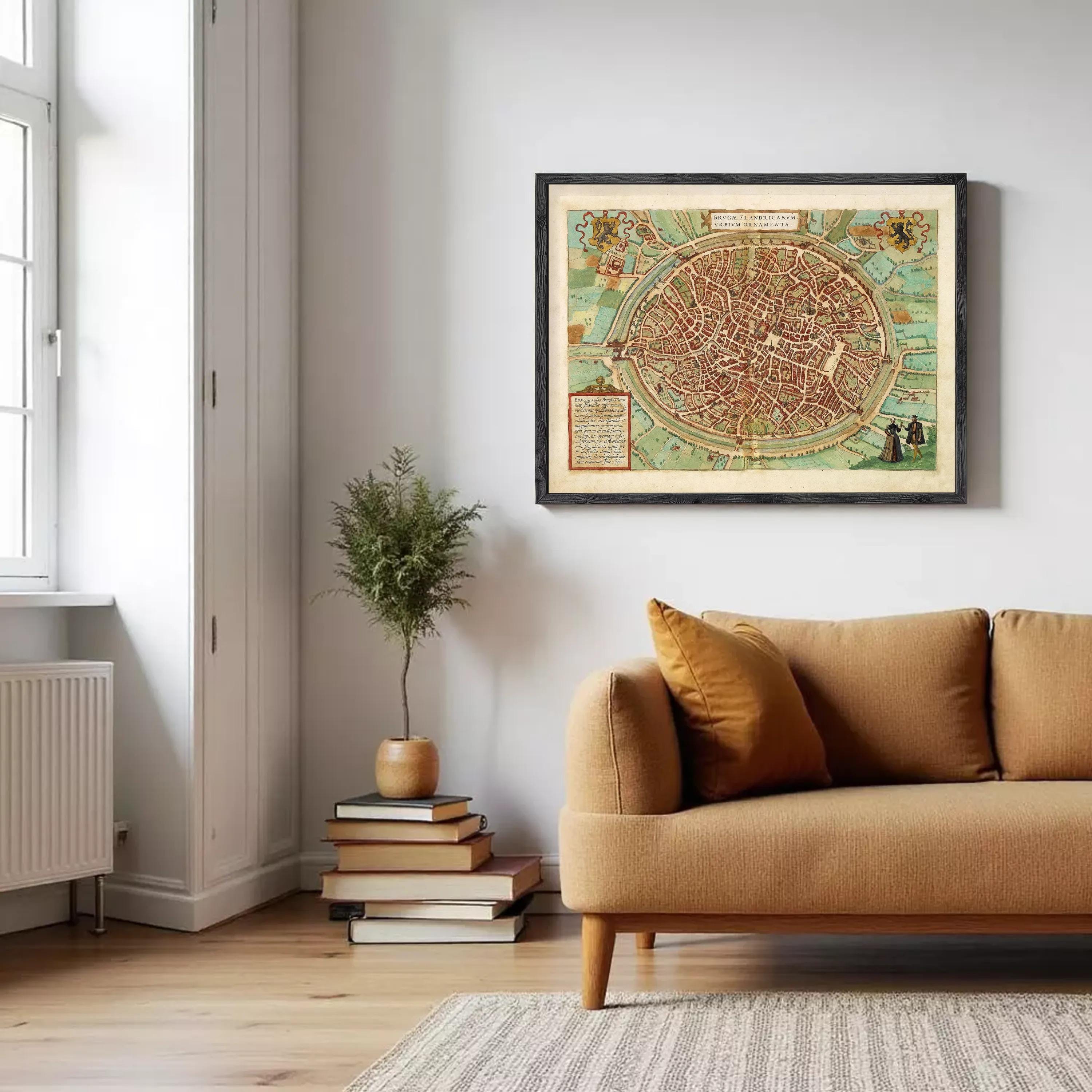 a cozy living room with a brown sofa, a stack of books, a potted plant, and a framed map of a city hanging on the wall.