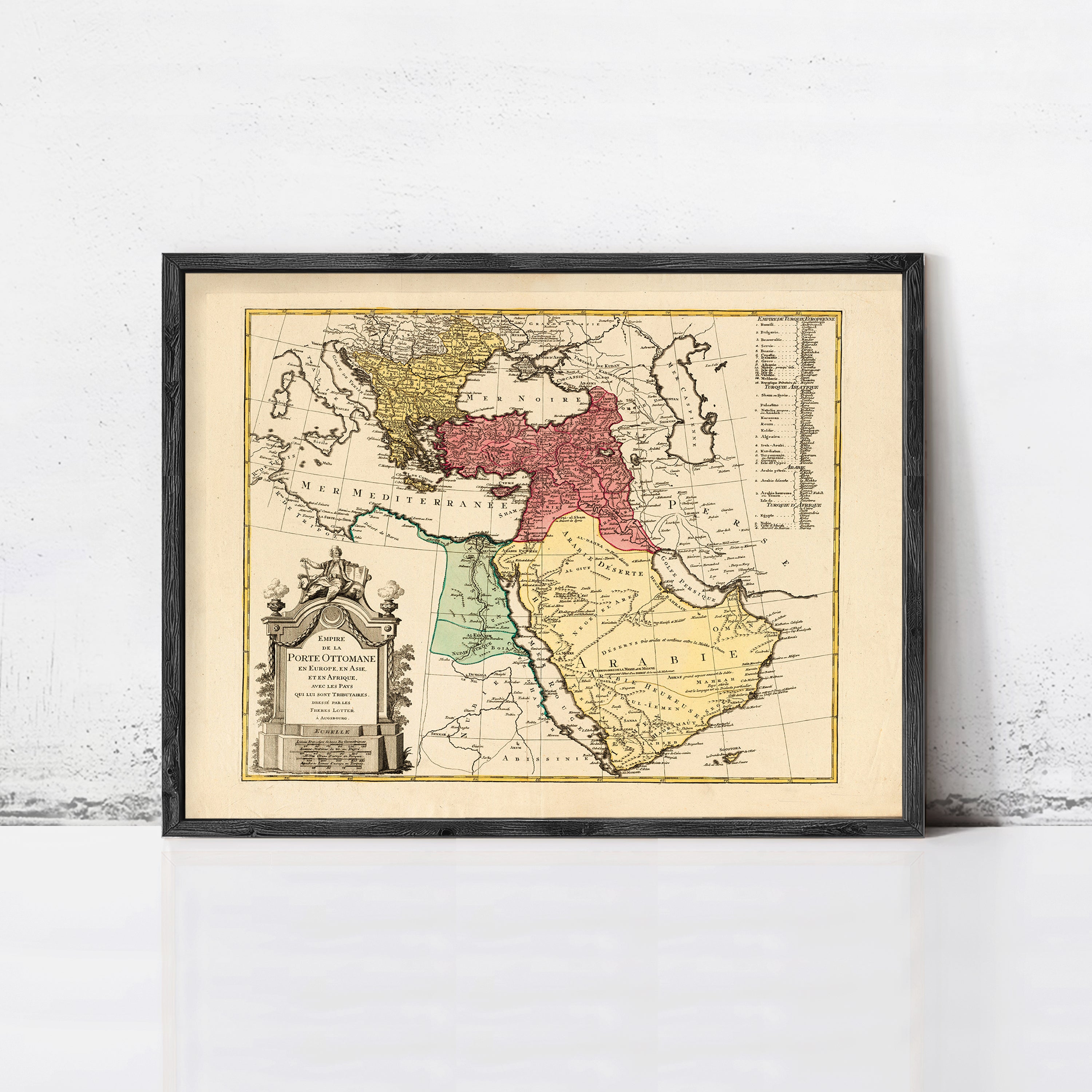 The image is a framed vintage map of the Middle East and North Africa, depicting the region in a detailed and colorful manner.