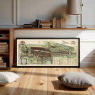 The image is a framed map of a city or town, depicting various streets, buildings, and landmarks.