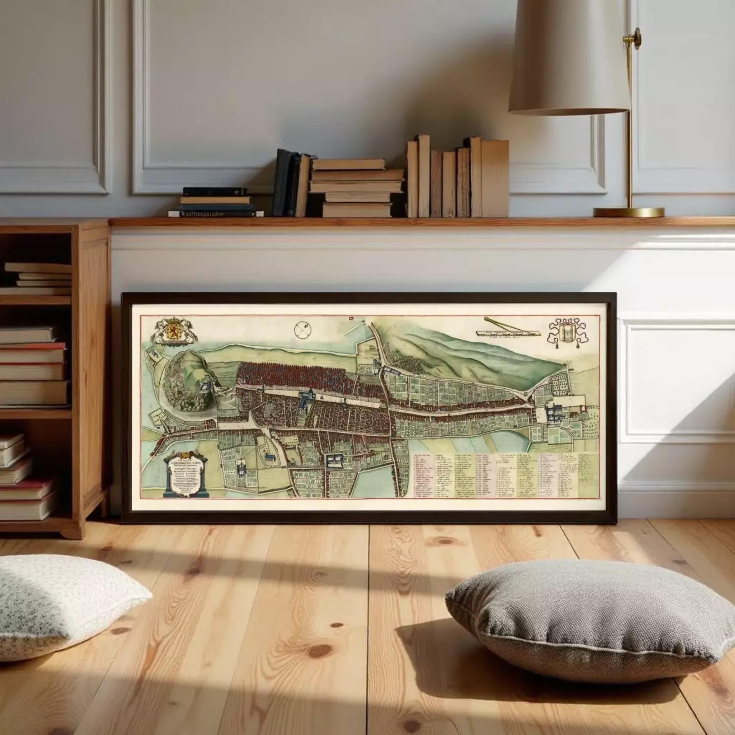 The image is a framed map of a city or town, depicting various streets, buildings, and landmarks.