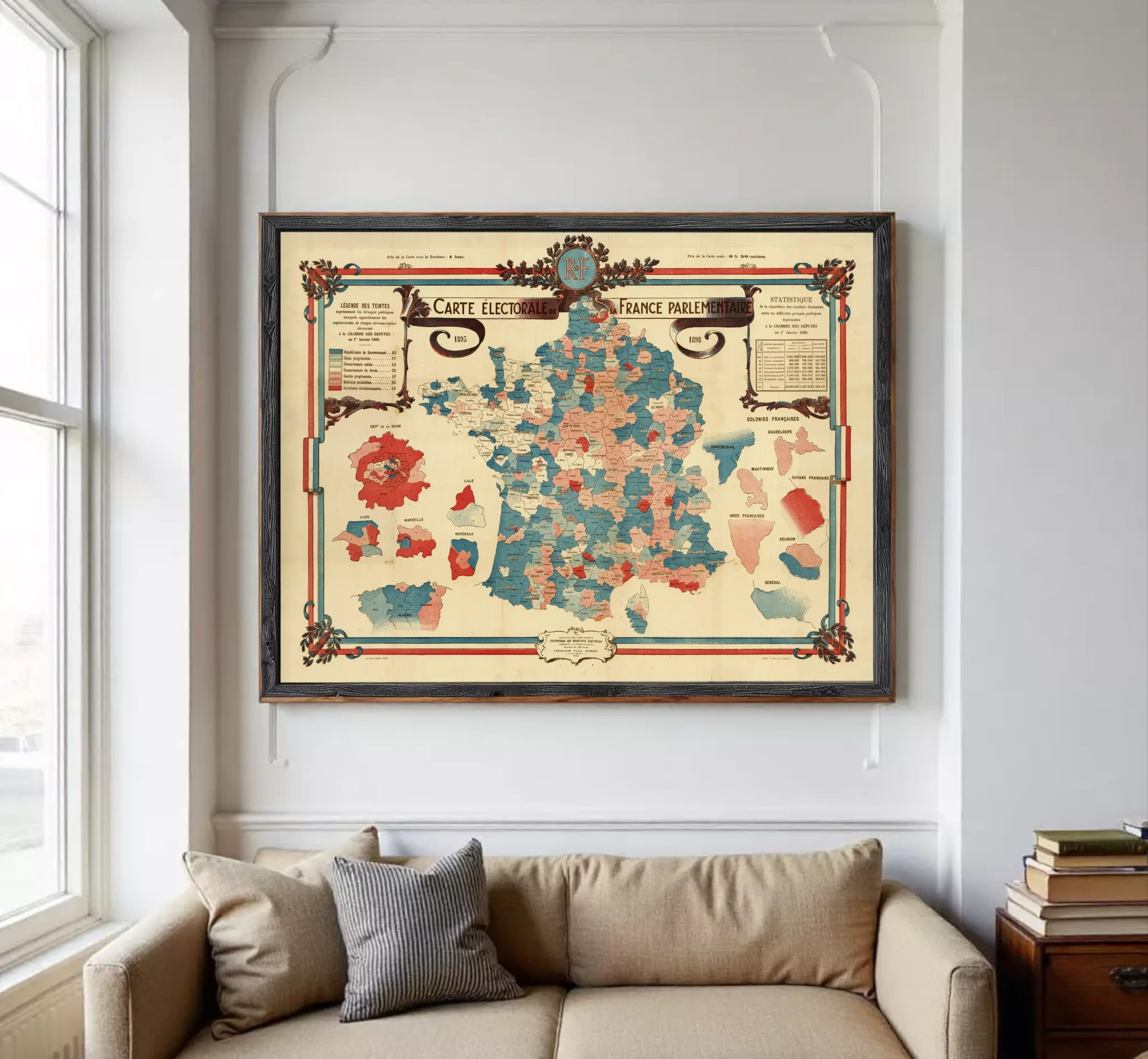 The image is a framed map of France, depicting the country's political boundaries and regions.