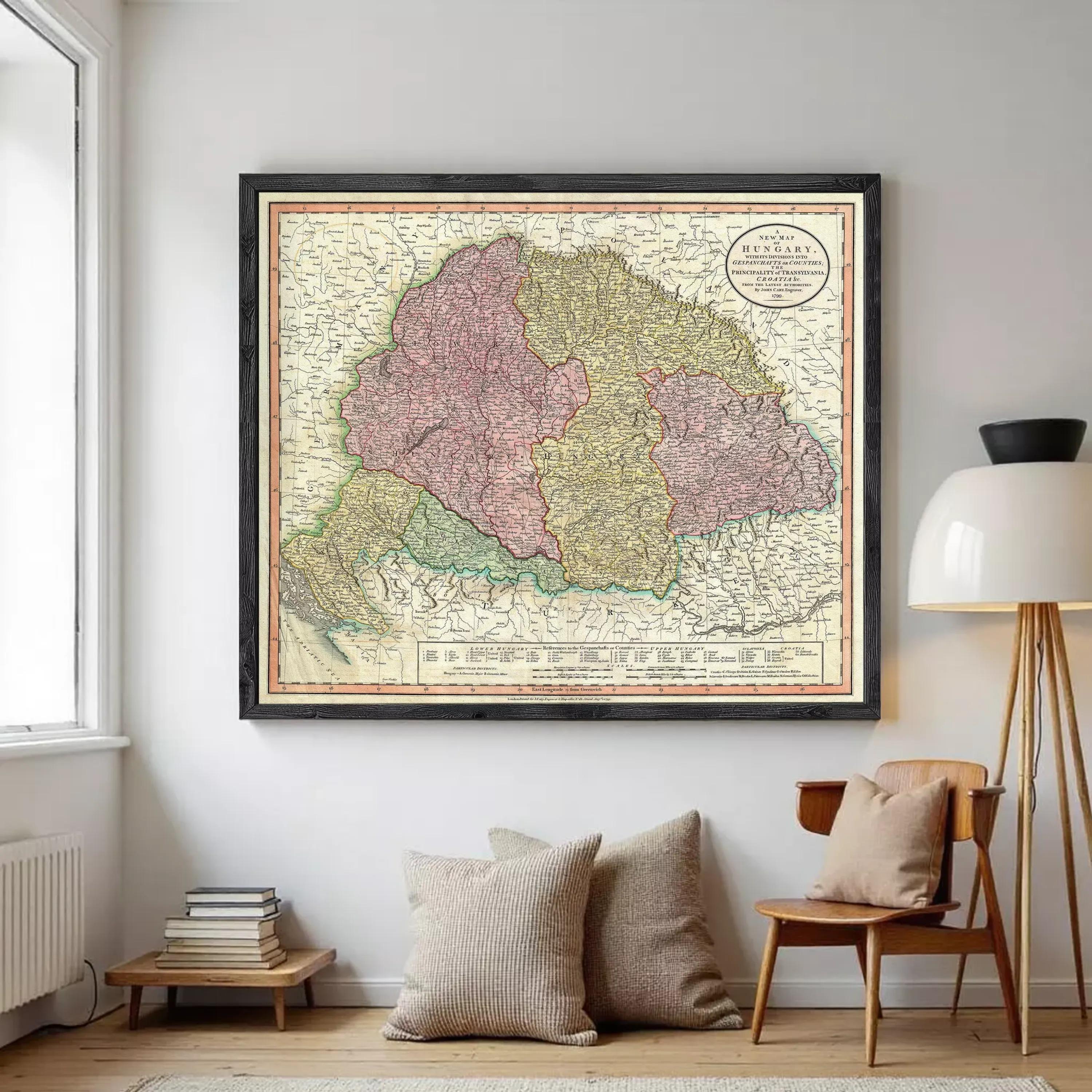 The image is a framed vintage map of the Hungarian-Romanian region, depicting the borders and geographical layout of the area.