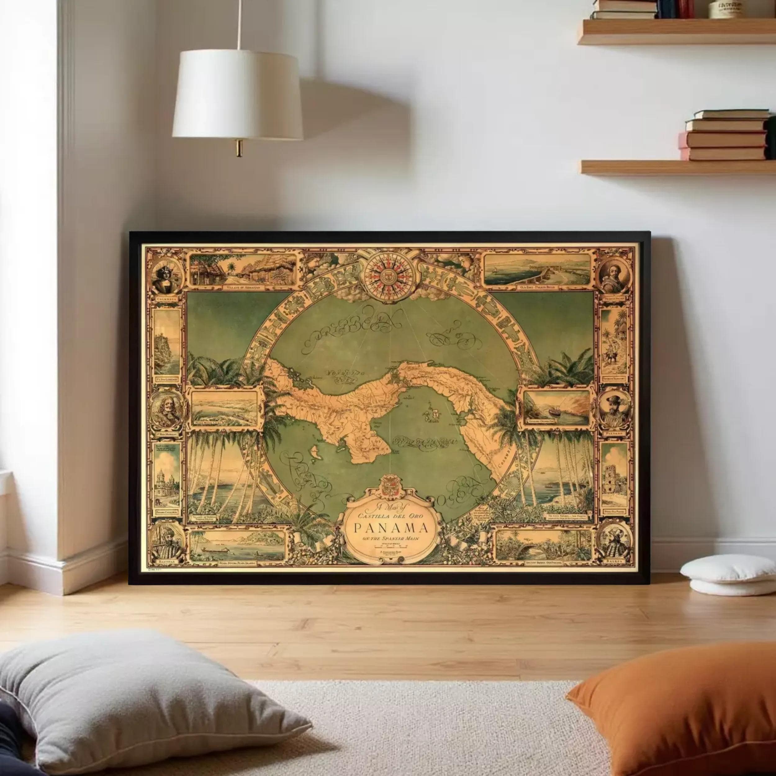 The image is a framed vintage map of Panama, featuring intricate illustrations and designs.