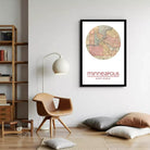 A framed map of Minneapolis, Minnesota, with the city's location and coordinates displayed.