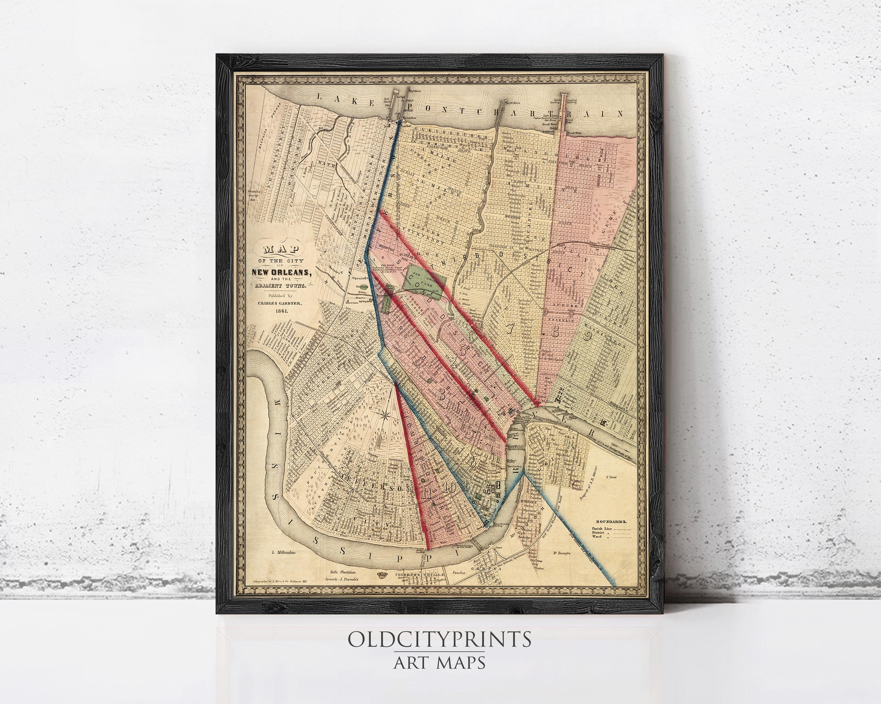 The image is a framed vintage map of New Orleans, Louisiana, dated 1858.