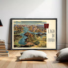 The image is a framed vintage map of Lago di Como, Italy, depicting the scenic lake surrounded by mountains and hills.