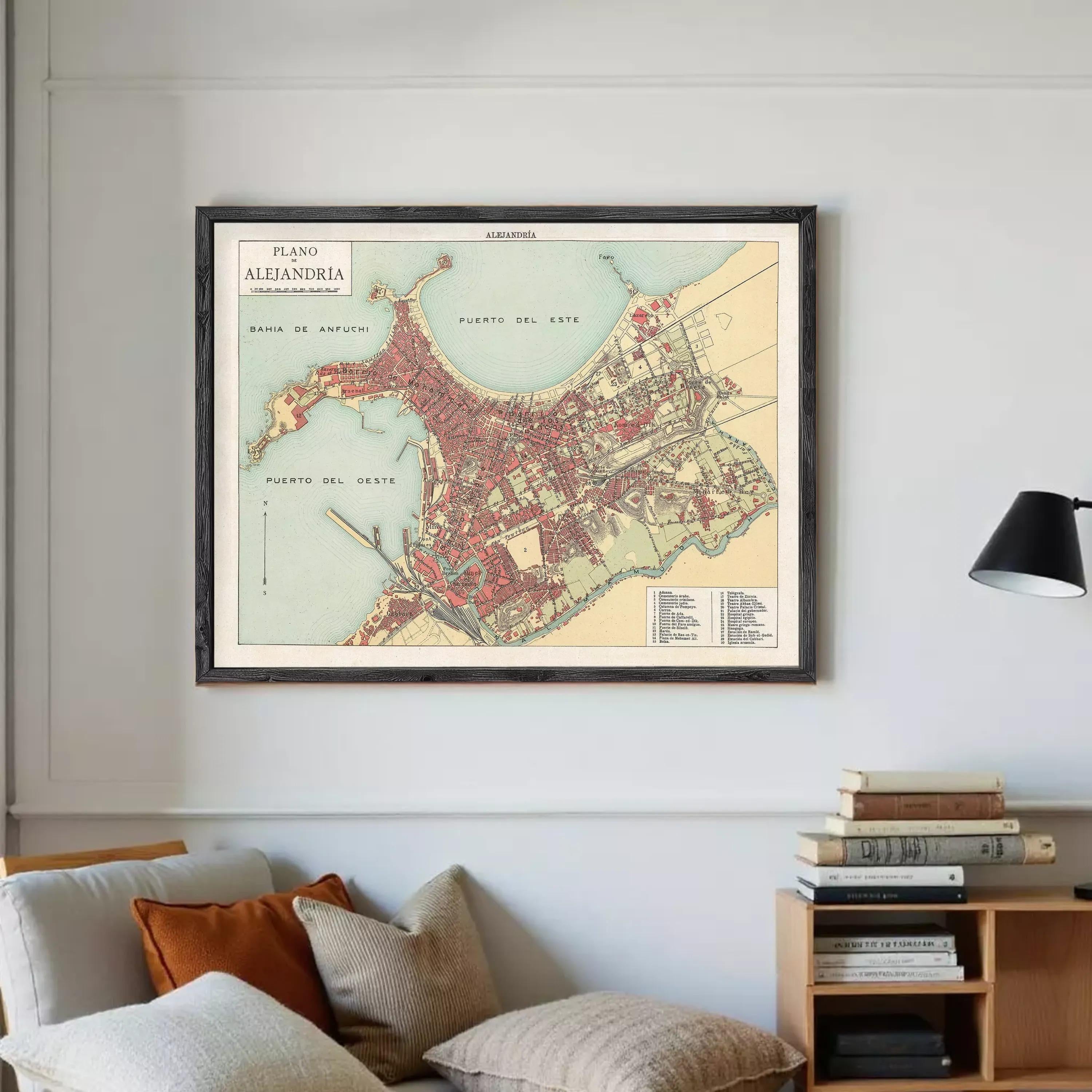 The image is a framed vintage map of the city of Aleppo, Syria, depicting the city's layout and surrounding areas.