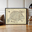 The image is a framed vintage map of Hungary, depicting various landmarks and regions within the country.