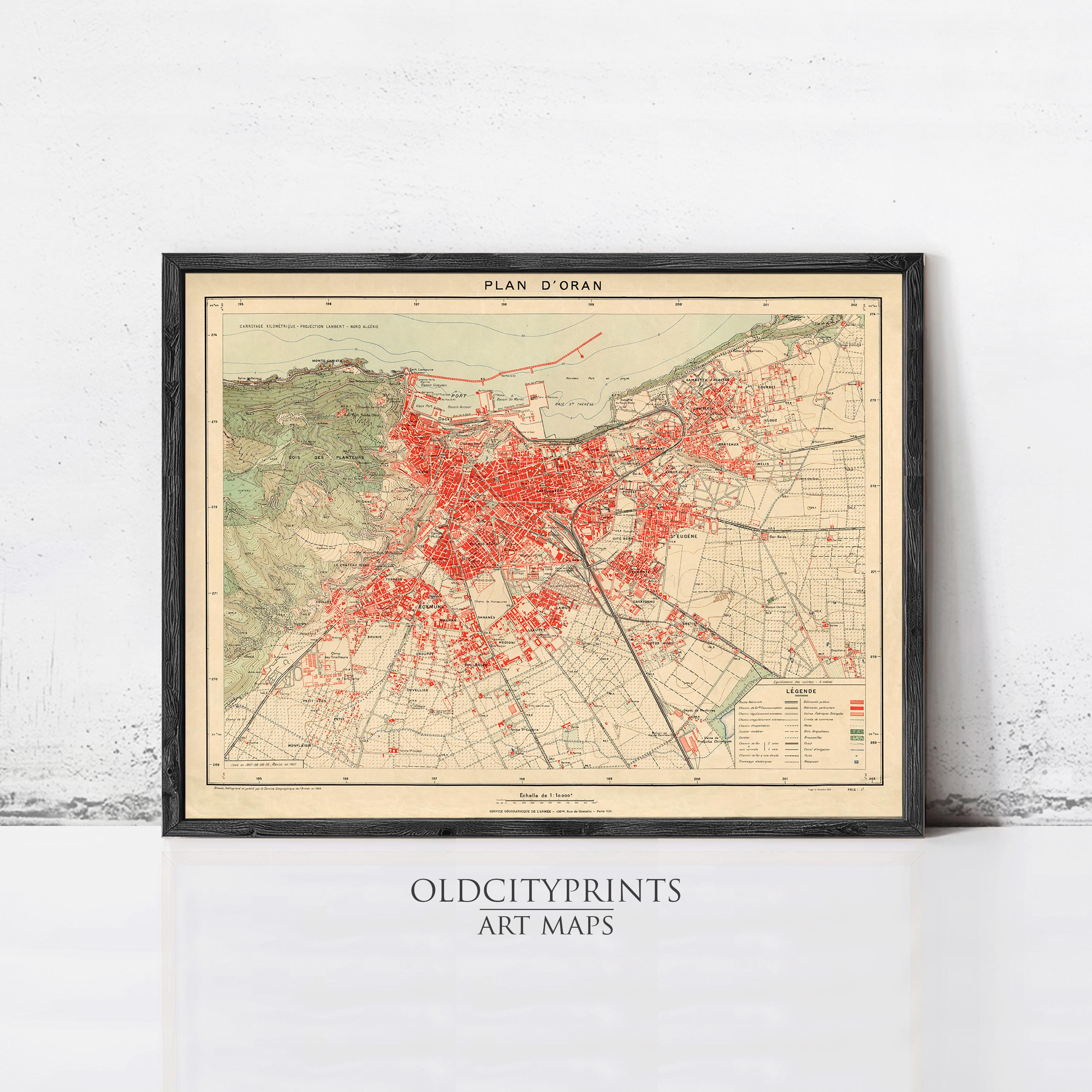 The image is a framed vintage map of a city, with a red dot representing a specific location or point of interest.