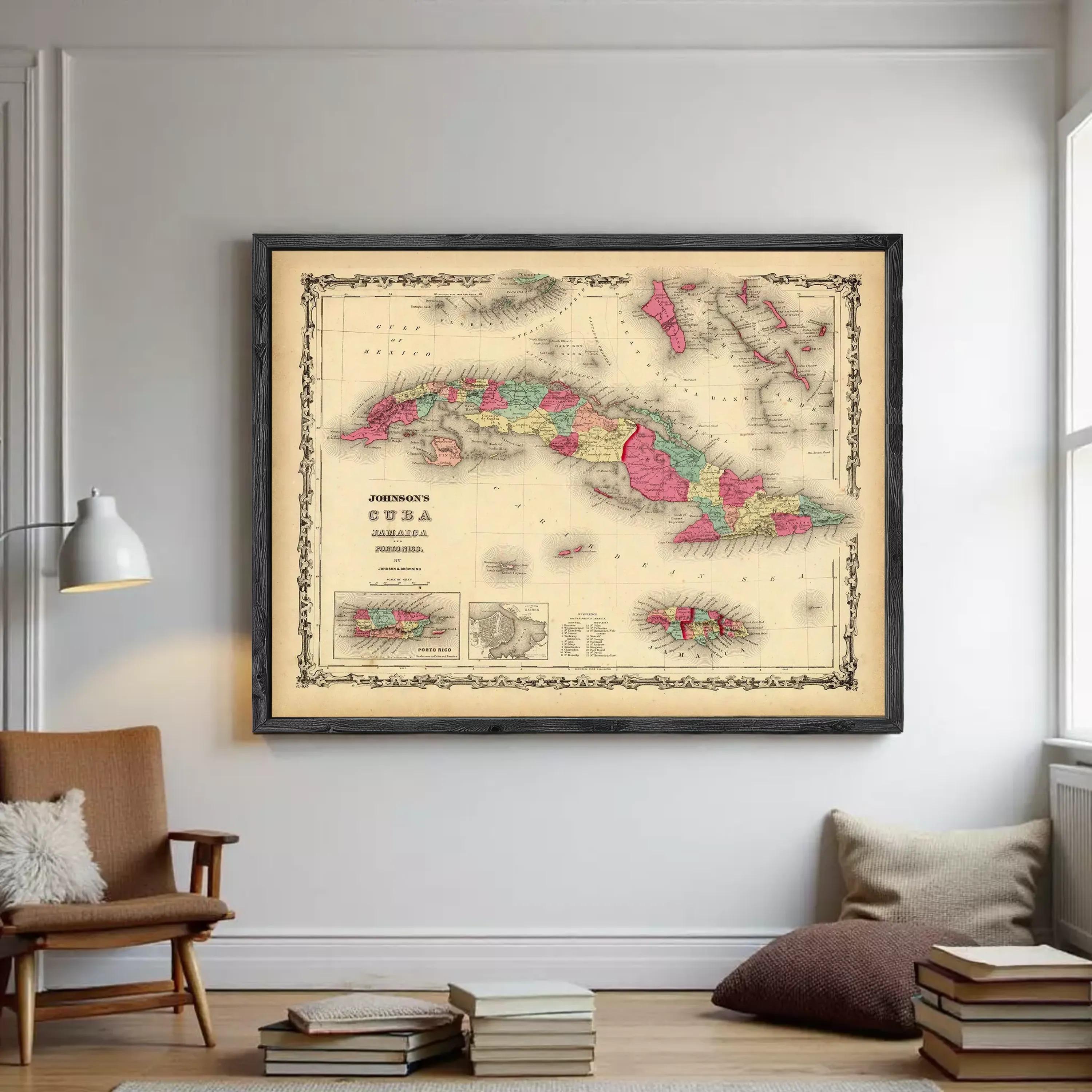 The image is a framed vintage map of Cuba, depicting the country in a detailed and colorful manner.