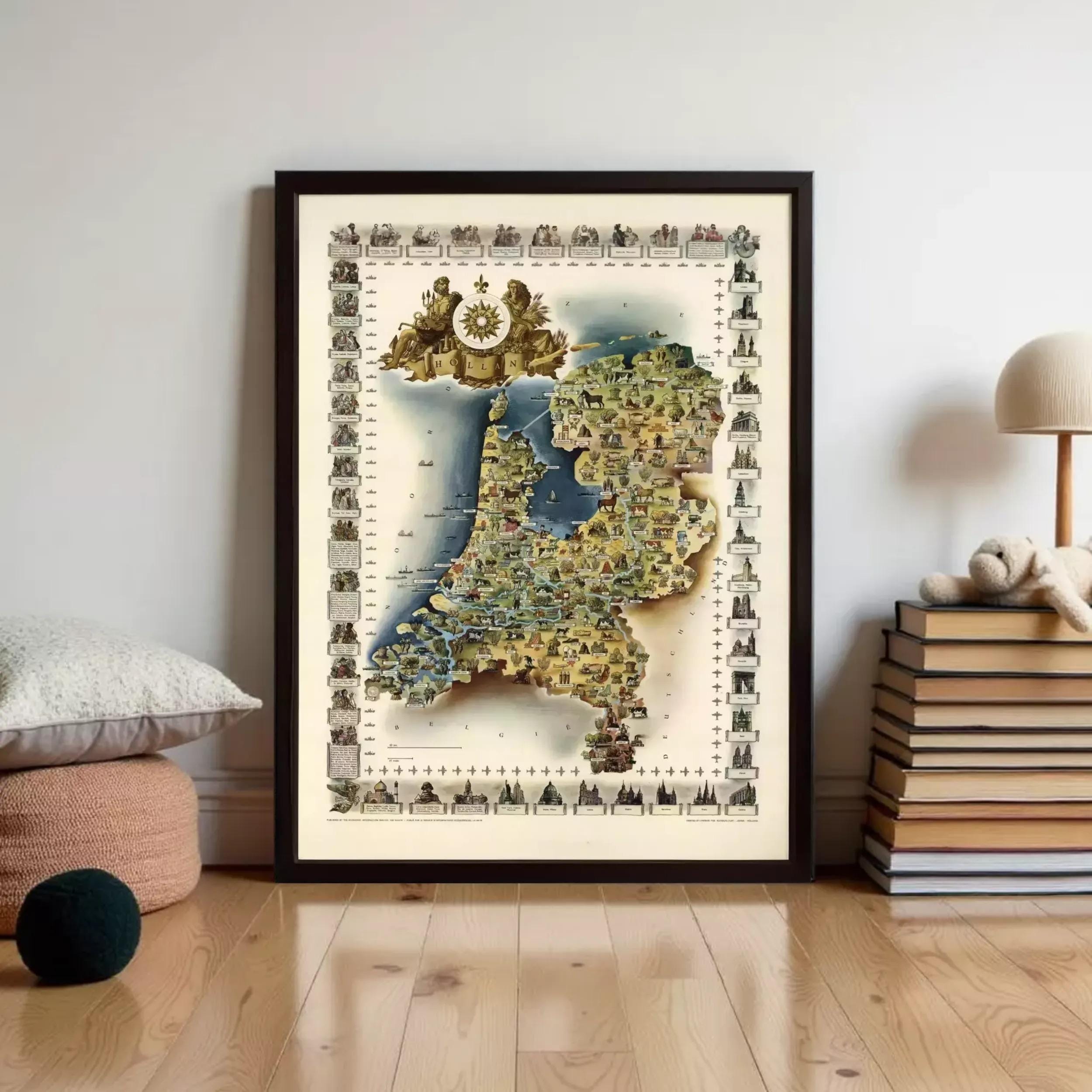 The image is a framed map of the Netherlands, depicting various landmarks and locations across the country.