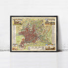 A framed map of Rome, Italy, depicting the city's ancient and modern areas.