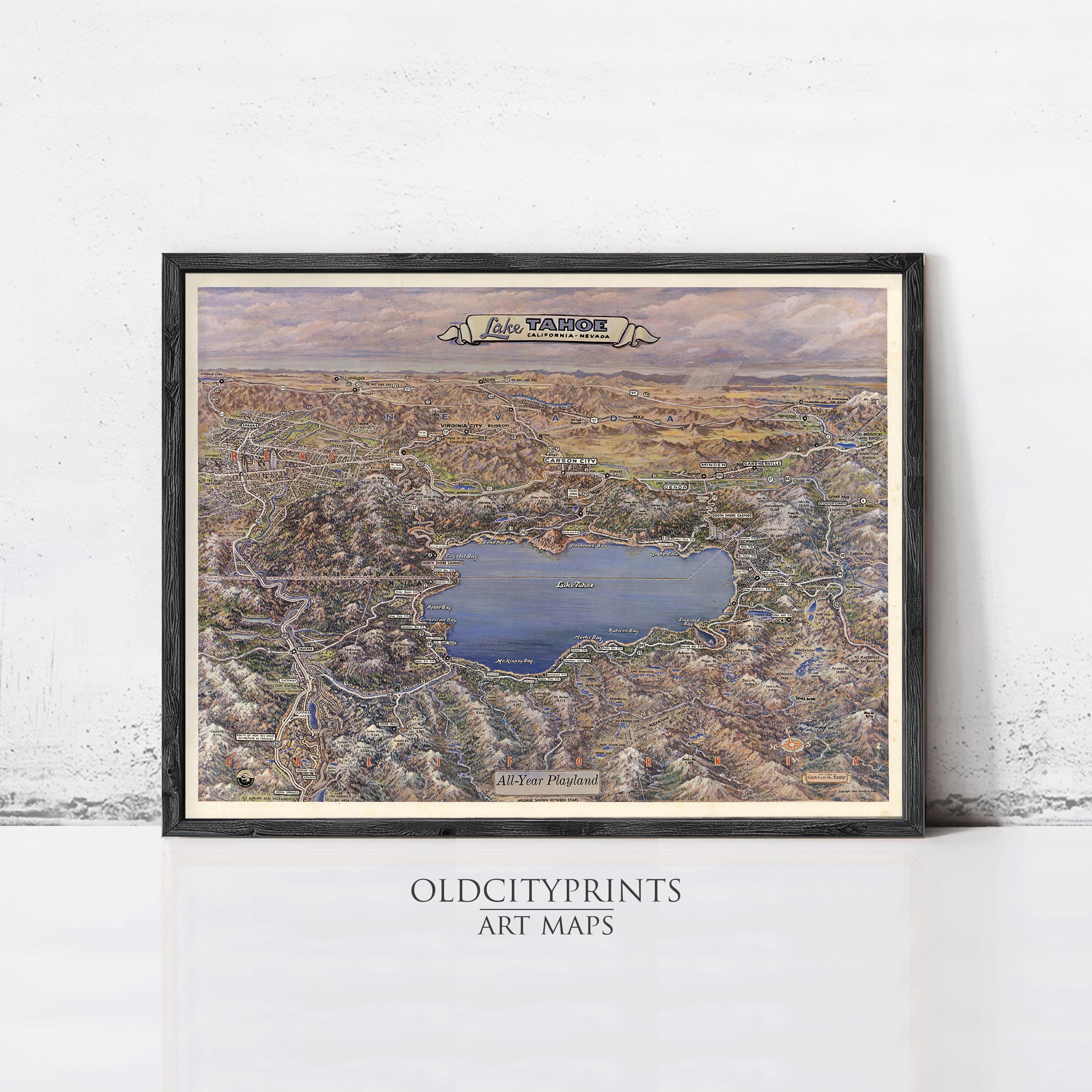 The image is a framed art print depicting a detailed map of Lake Tana, with various geographical features and landmarks visible.