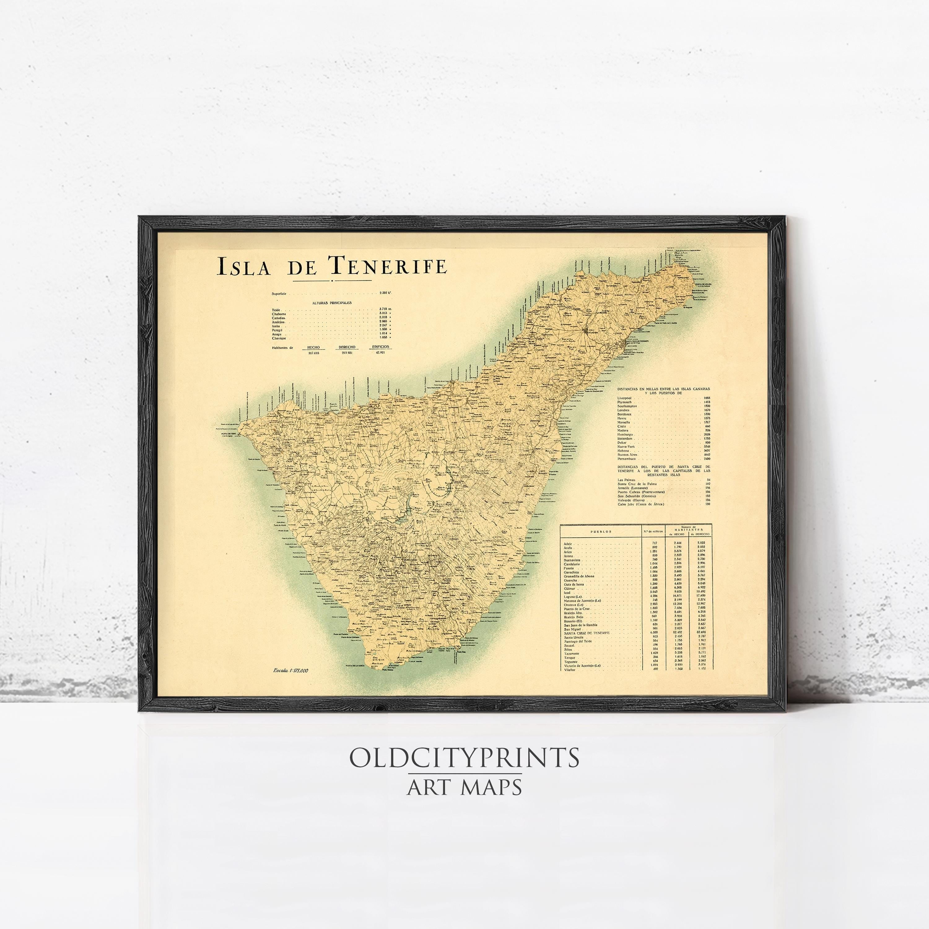 The image is a framed vintage map of the island of Tenerife, Spain, with a black border and a yellow background.