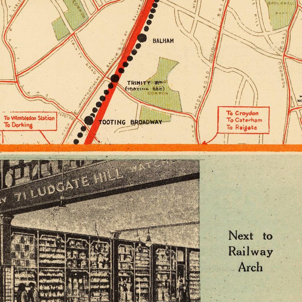 The image is a collage of two parts. The top part is a map showing a railway line with various locations marked, including 'Balham', 'Trinity', 'To Croydon', 'To Croydon', and 'To Reigate'. The bottom part is a black and white photograph of a railway arch, with the caption 'Next to Railway Arch'.