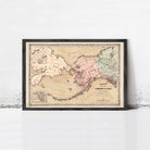The image is a framed vintage map of Alaska, depicting the state's geographical layout and surrounding areas.